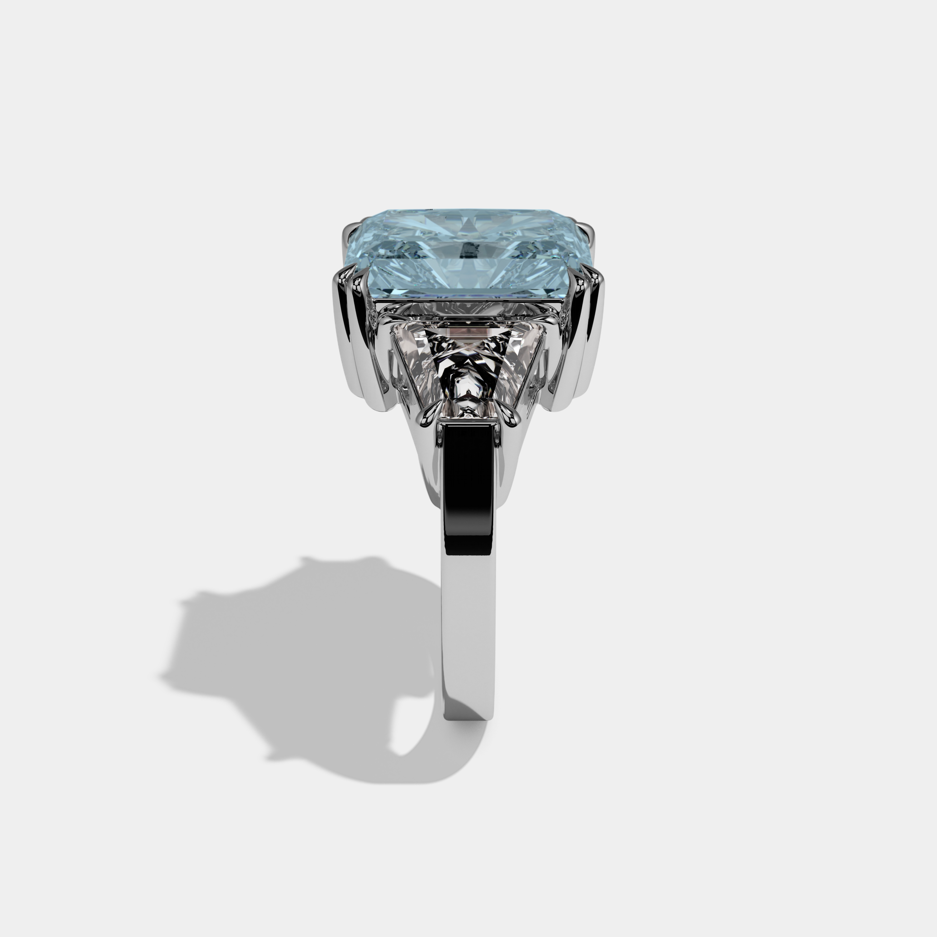 Margaret Fancy Light Blue Radiant Cut Diamond Plain Band With Trapezoid Sides Engagement Ring 7ct 18K White Gold