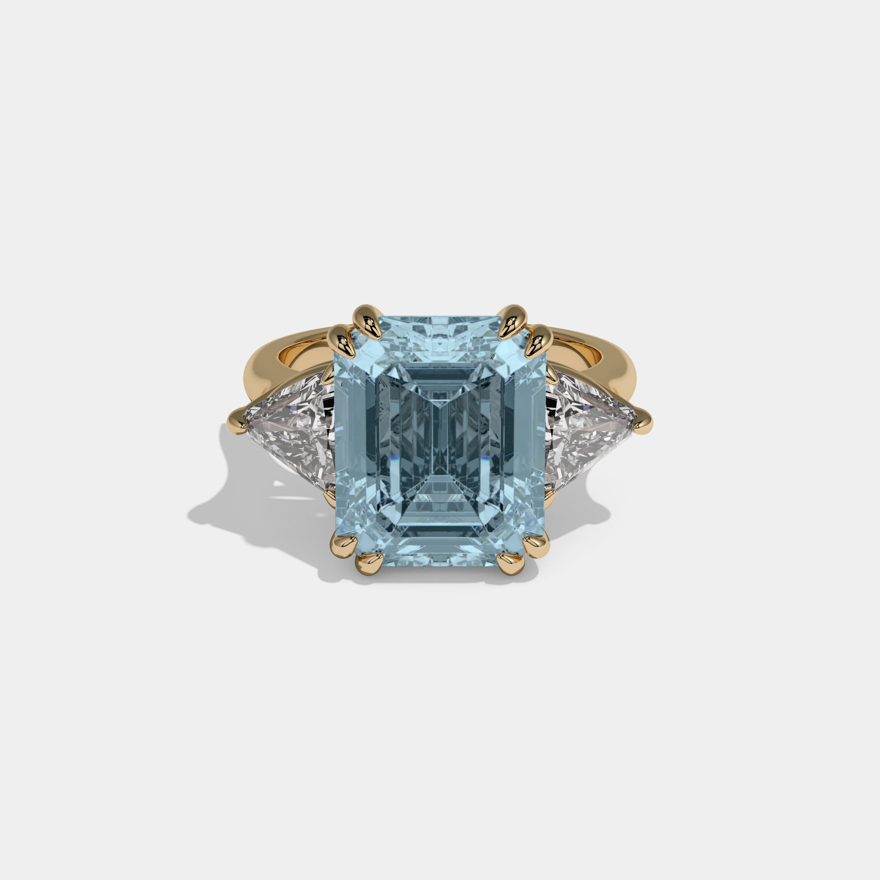 Mary Fancy Light Blue Emerald Cut Diamond Plain Band With Triangle Cuts Engagement Ring 6.5ct 18K Yellow Gold