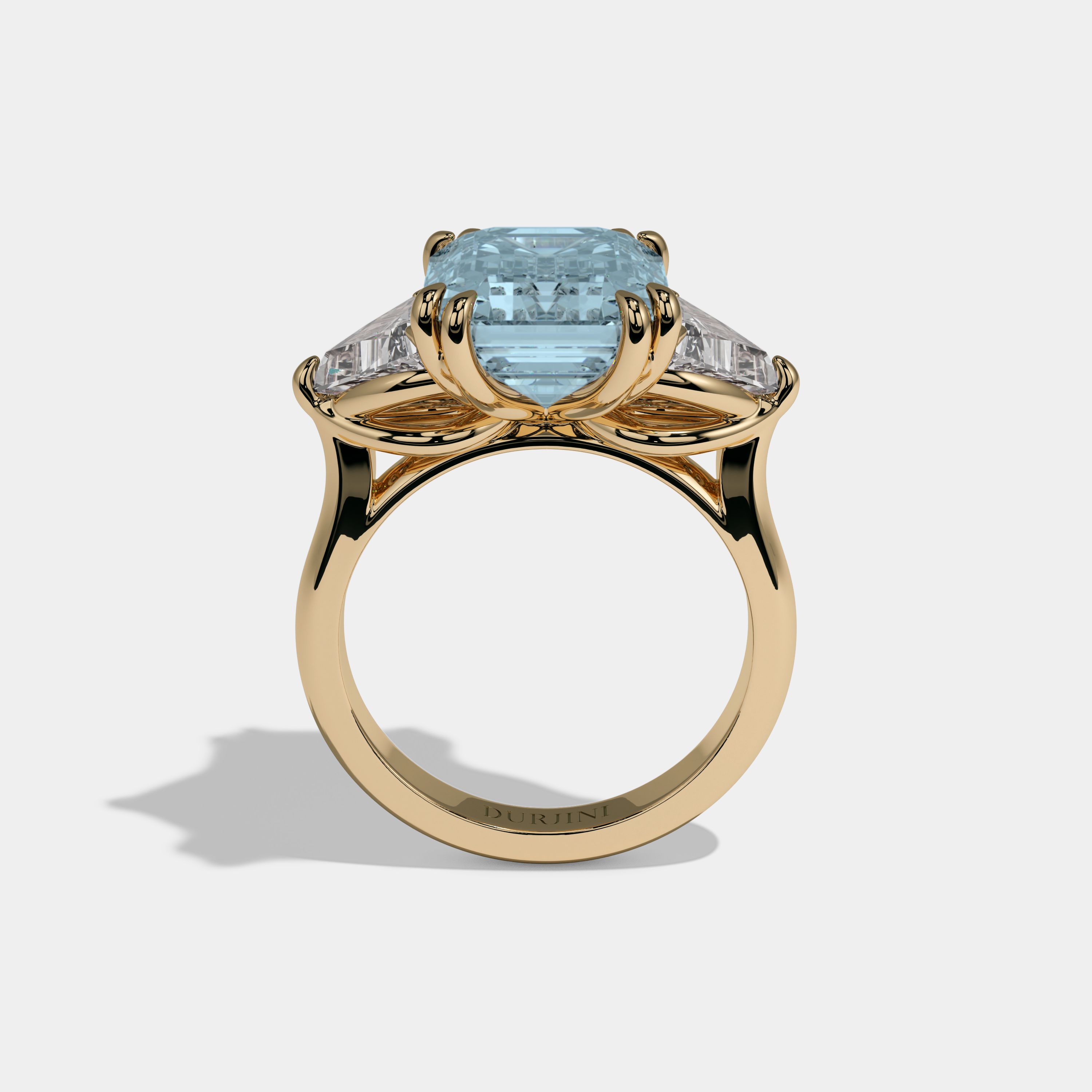 Mary Fancy Light Blue Emerald Cut Diamond Plain Band With Triangle Cuts Engagement Ring 6.5ct 18K Yellow Gold
