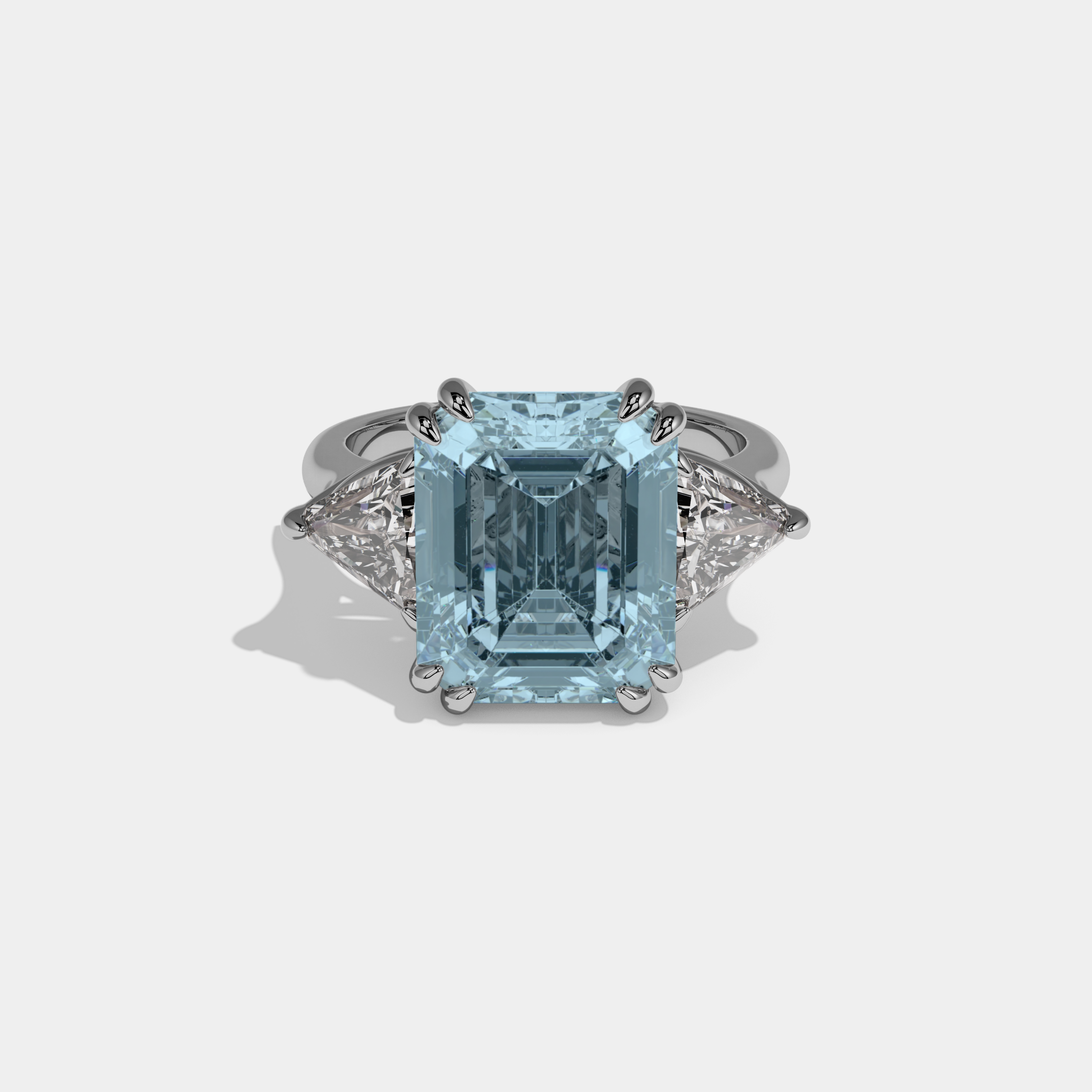 Diana Fancy Light Blue Emerald Cut Diamond Plain Band With Triangle Cuts Engagement Ring 6.5ct 18K White Gold