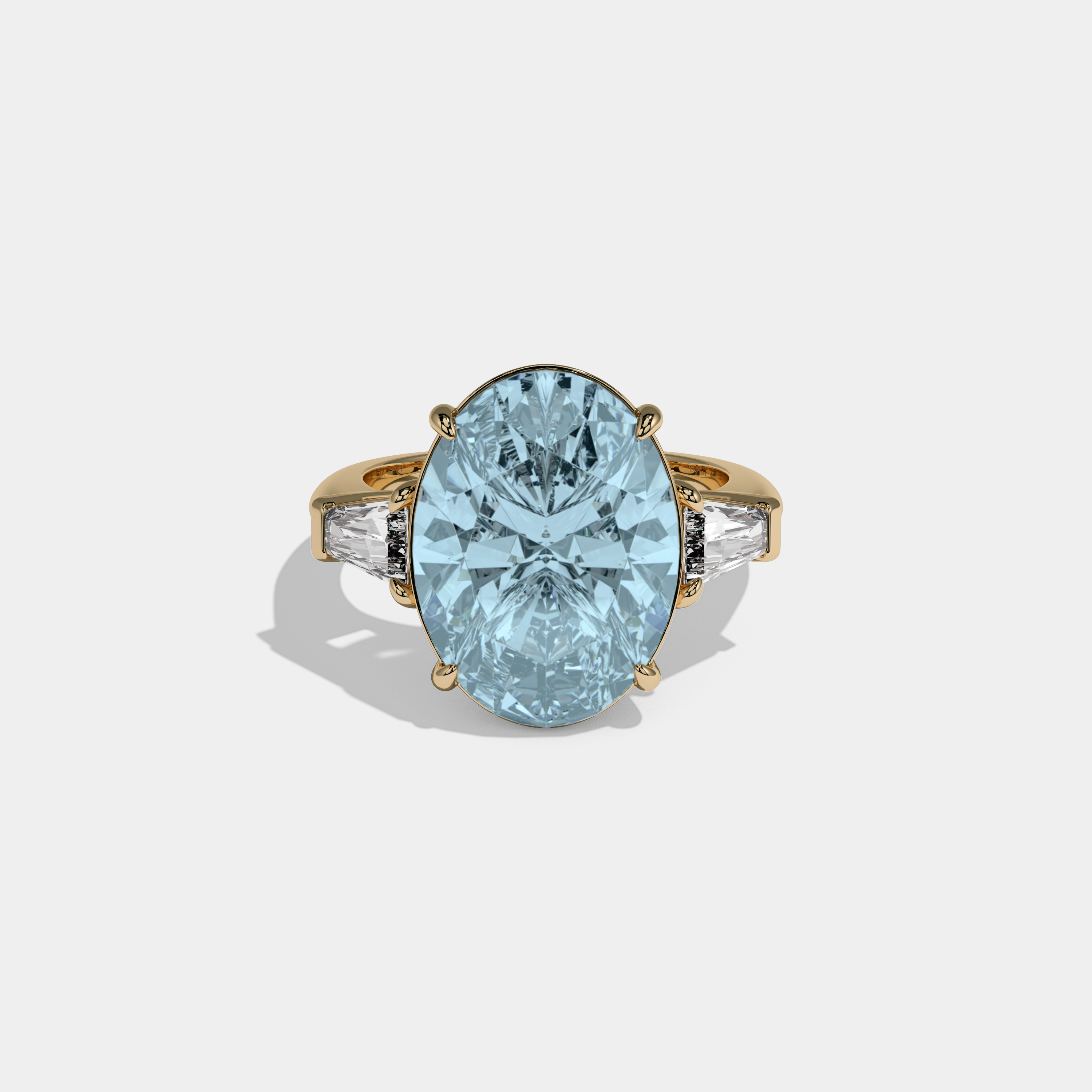 Mary Fancy Light Blue Oval Cut Diamond Plain Band With Tapered Baguette Cut Sides Engagement Ring 8ct 18K Yellow Gold