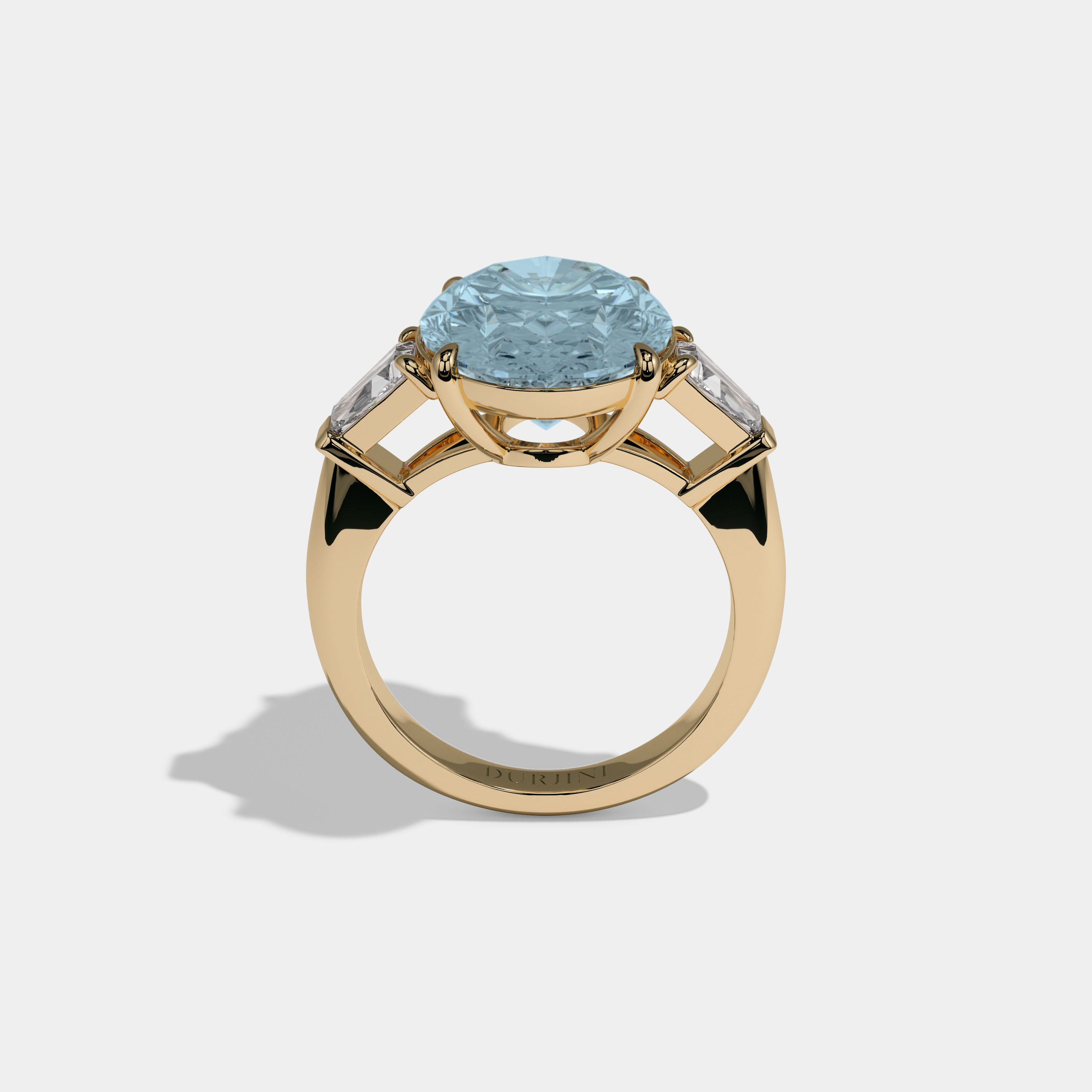 Mary Fancy Light Blue Oval Cut Diamond Plain Band With Tapered Baguette Cut Sides Engagement Ring 8ct 18K Yellow Gold