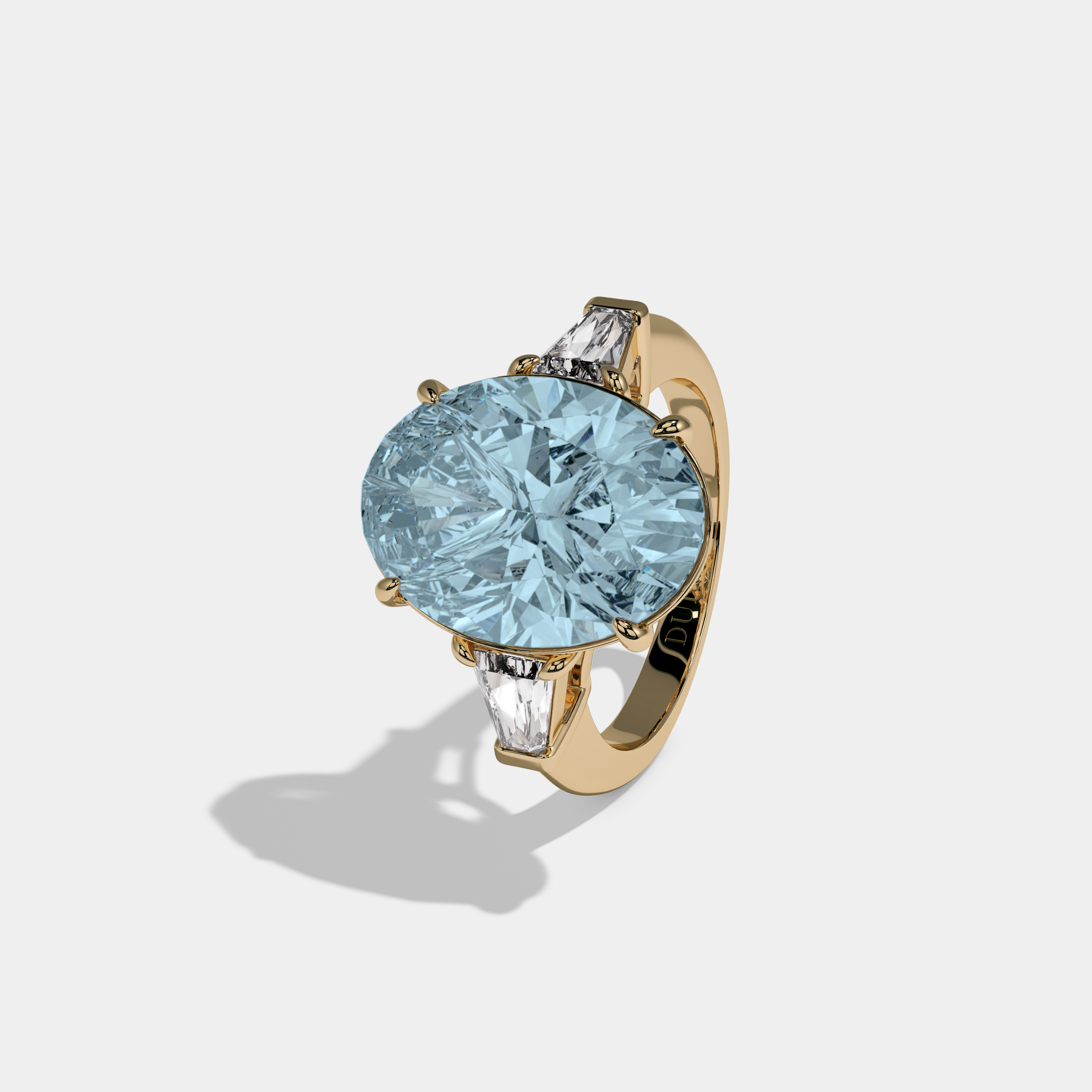 Mary Fancy Light Blue Oval Cut Diamond Plain Band With Tapered Baguette Cut Sides Engagement Ring 8ct 18K Yellow Gold