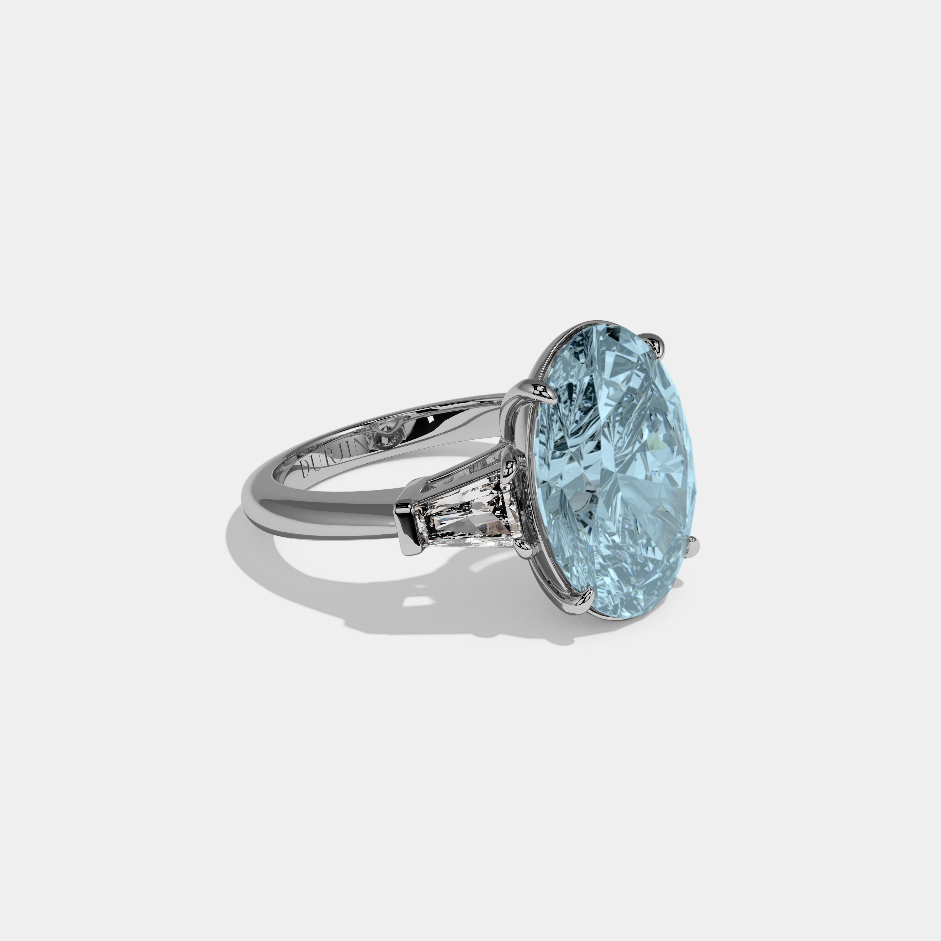 Diana Fancy Light Blue Oval Cut Diamond Plain Band With Tapered Baguette Cut Sides Engagement Ring 8ct 18K White Gold