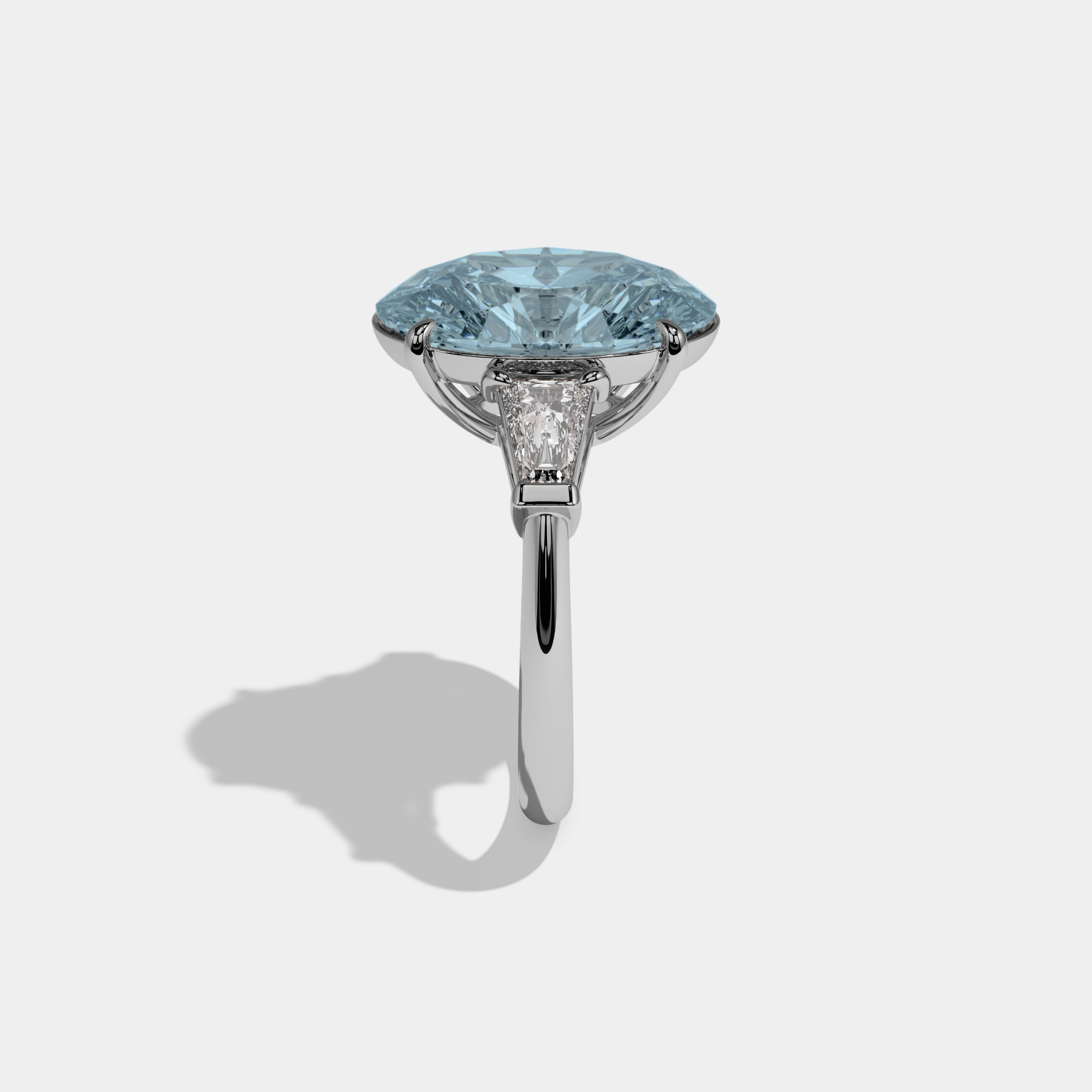 Diana Fancy Light Blue Oval Cut Diamond Plain Band With Tapered Baguette Cut Sides Engagement Ring 8ct 18K White Gold