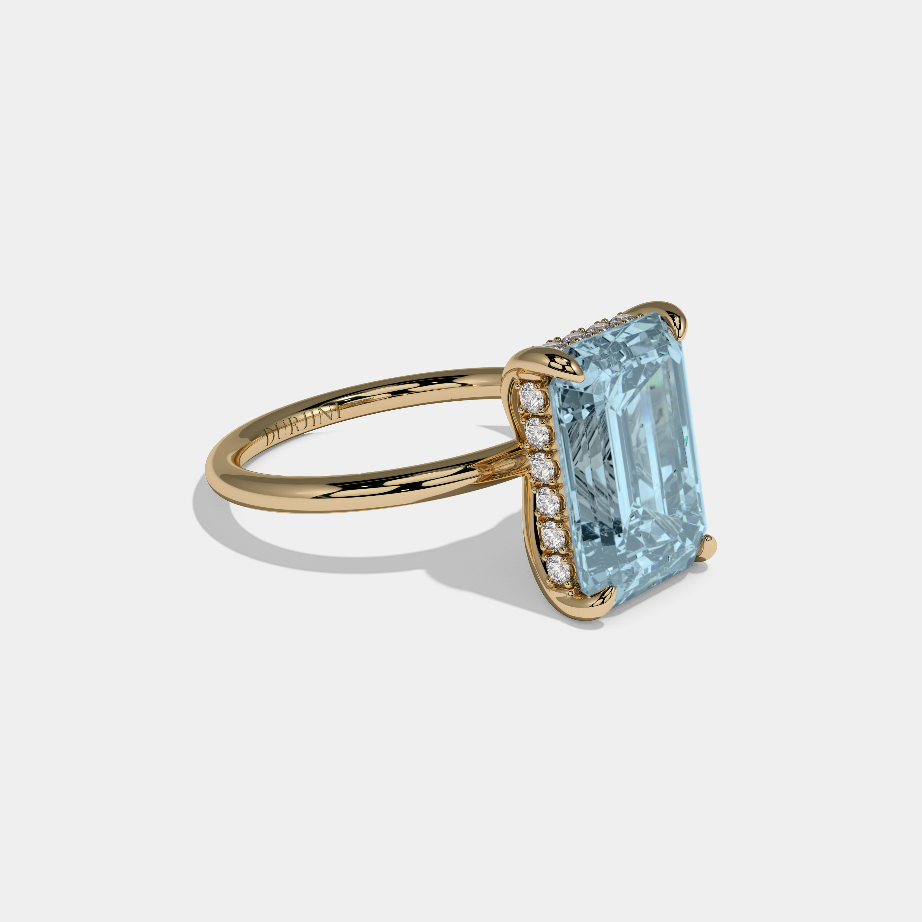 Sophia Fancy Light Blue Emerald Brilliant Cut Diamond Plain Band With Hidden Halo 6.5ct 18K Yellow Gold
