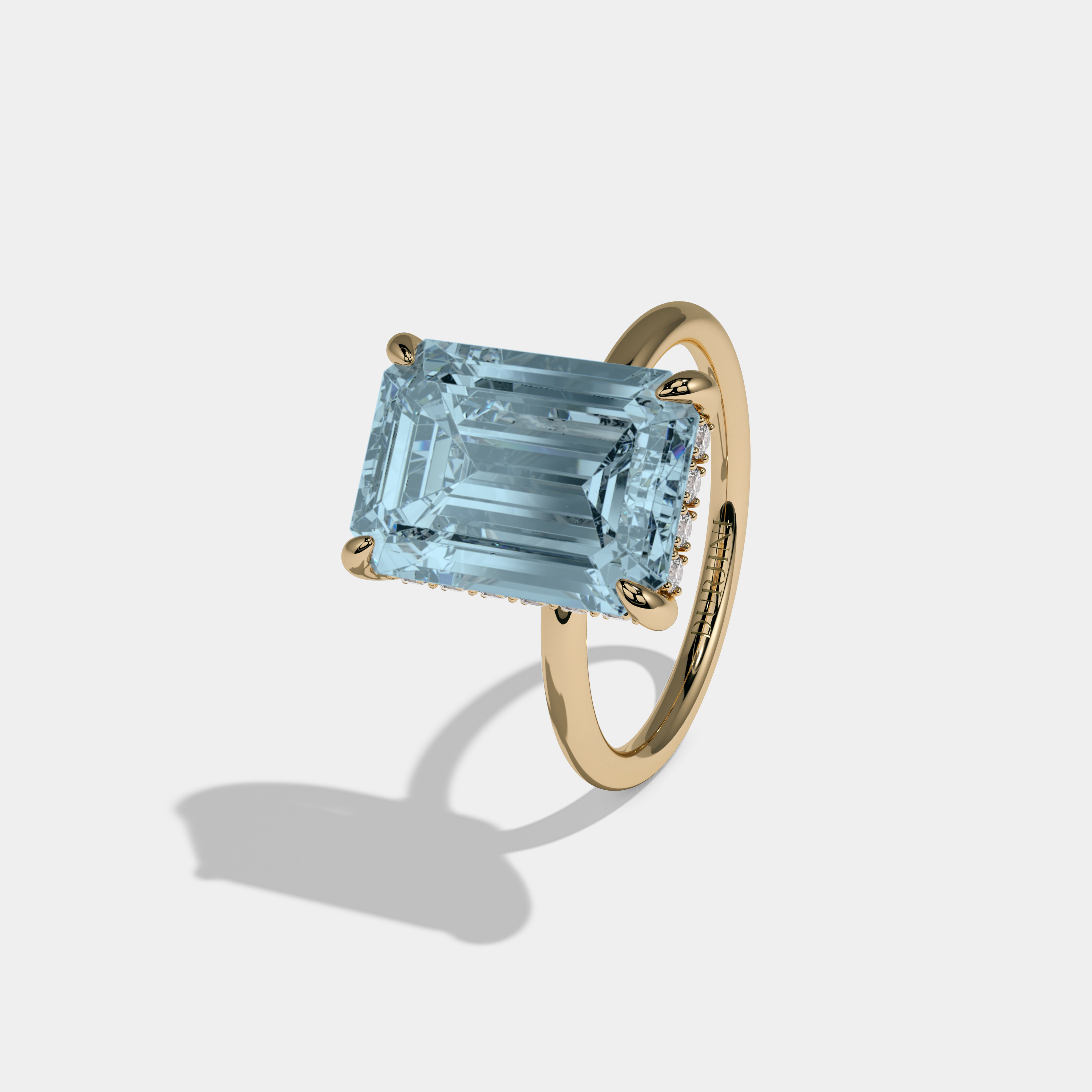 Sophia Fancy Light Blue Emerald Brilliant Cut Diamond Plain Band With Hidden Halo 6.5ct 18K Yellow Gold