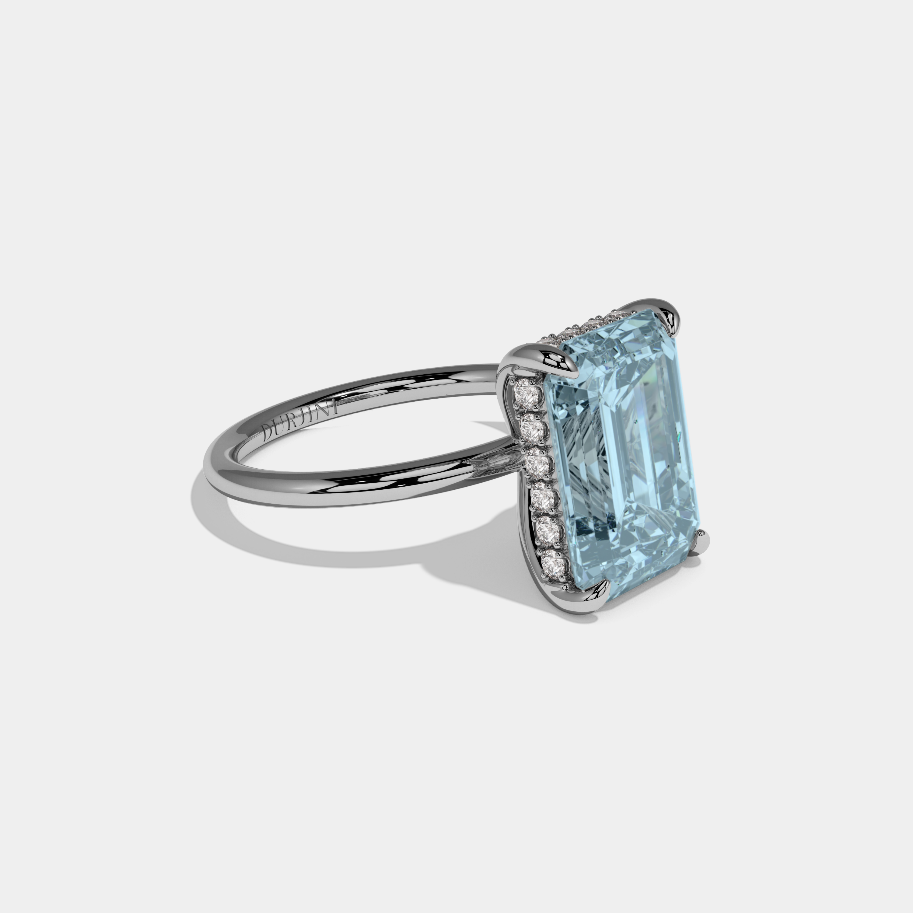 Caroline Fancy Light Blue Emerald Brilliant Cut Diamond Plain Band With Hidden Halo 6.5ct 18K White Gold