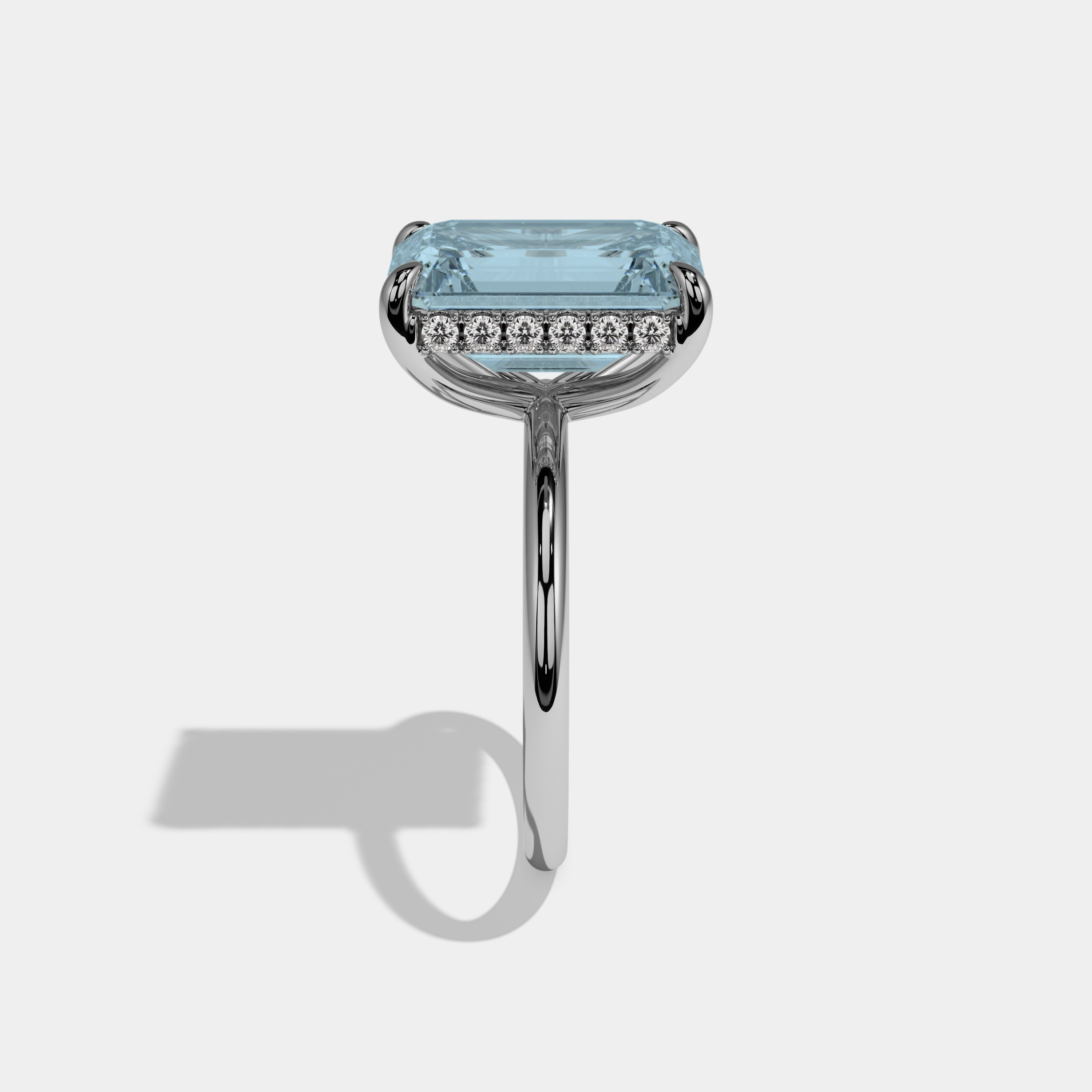 Caroline Fancy Light Blue Emerald Brilliant Cut Diamond Plain Band With Hidden Halo 6.5ct 18K White Gold