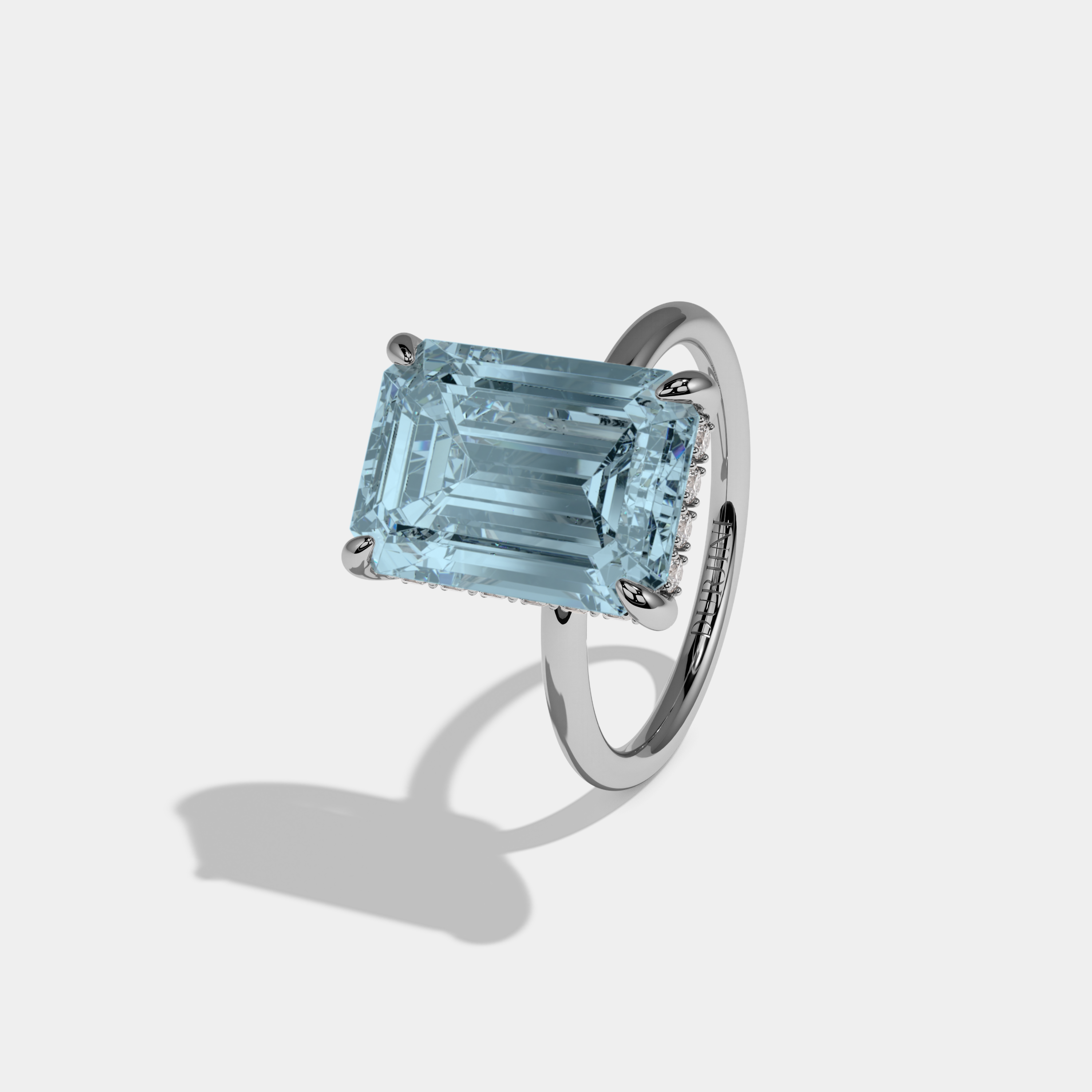 Caroline Fancy Light Blue Emerald Brilliant Cut Diamond Plain Band With Hidden Halo 6.5ct 18K White Gold