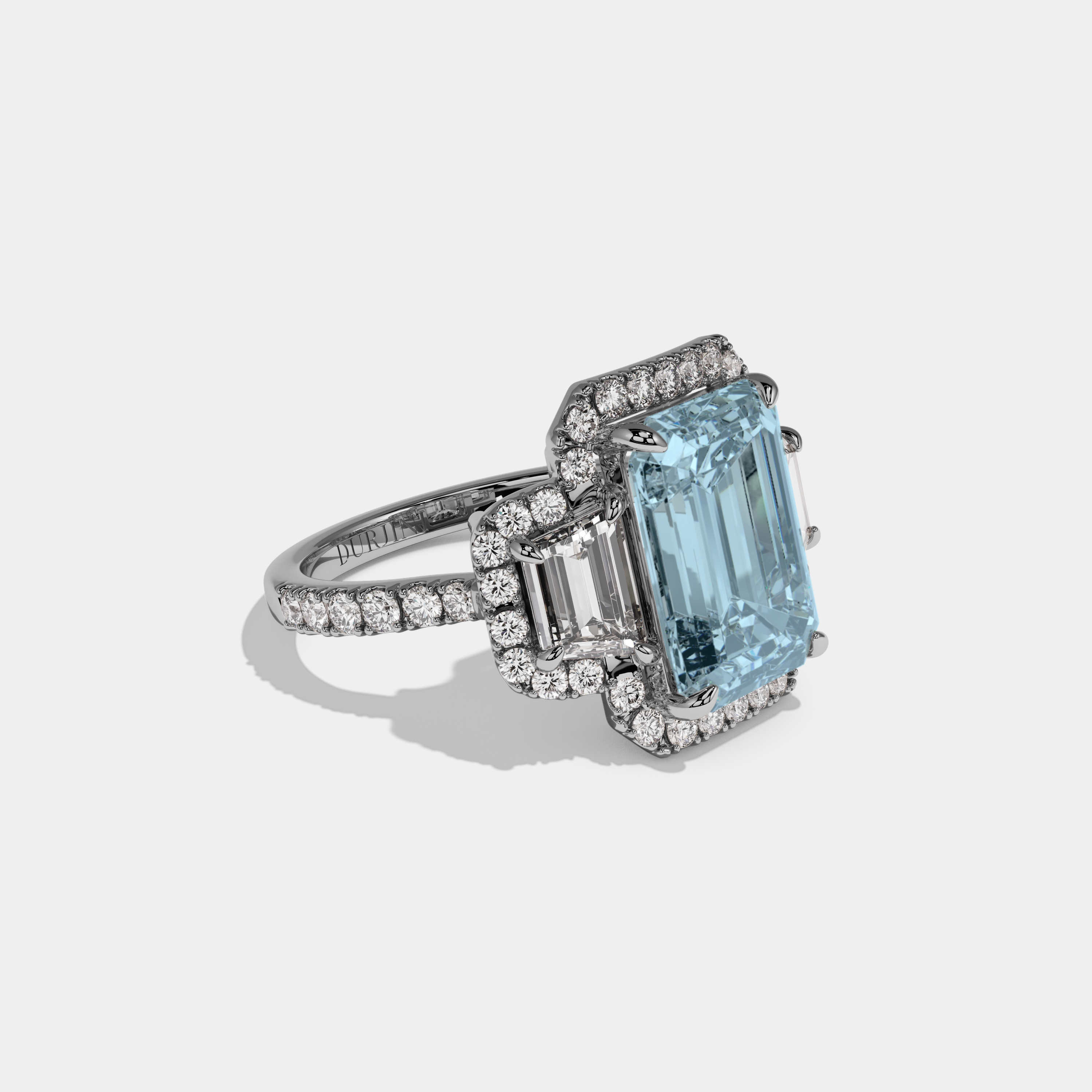 Caroline Fancy Light Blue Emerald Cut Diamond Band With Halo Engagement Ring 8ct 18K White Gold