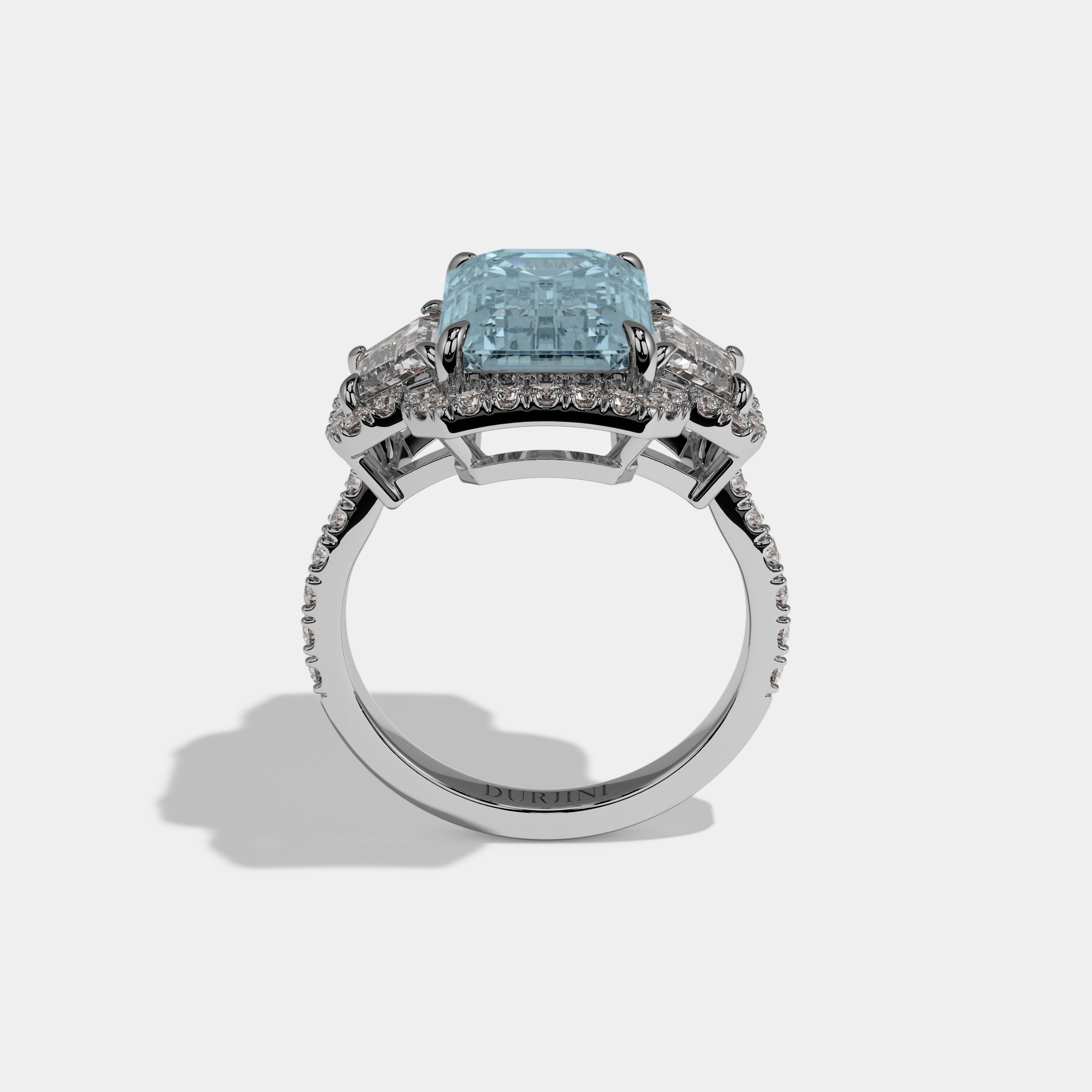 Caroline Fancy Light Blue Emerald Cut Diamond Band With Halo Engagement Ring 8ct 18K White Gold