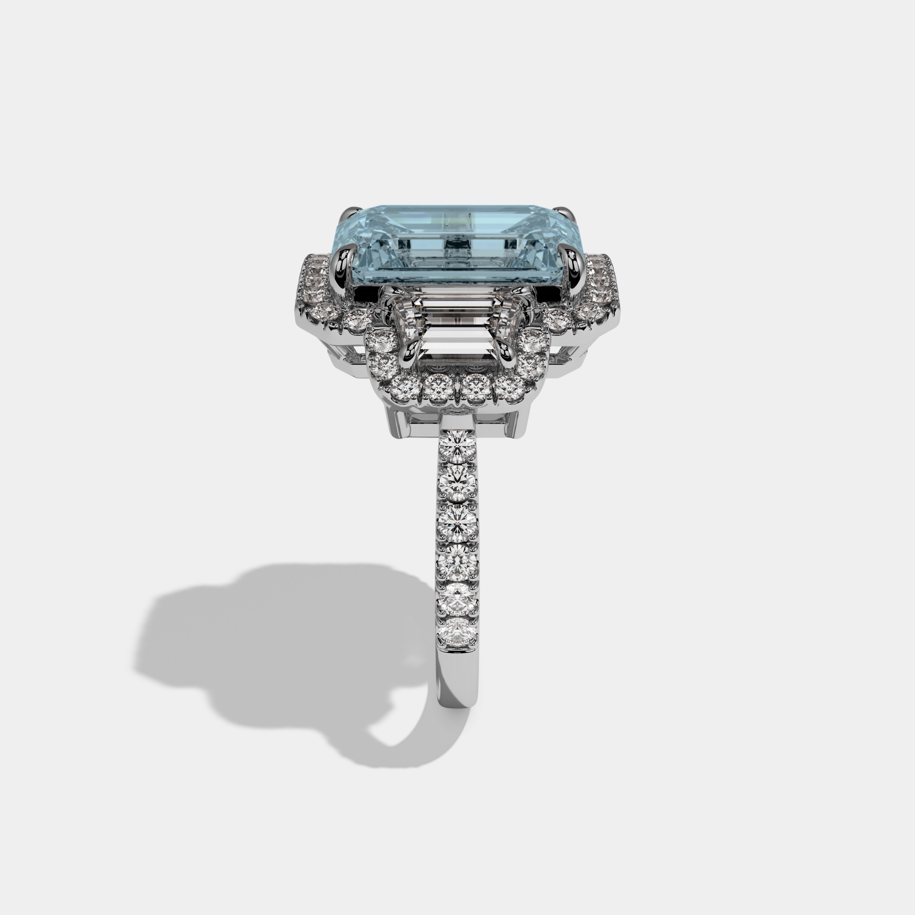 Caroline Fancy Light Blue Emerald Cut Diamond Band With Halo Engagement Ring 8ct 18K White Gold