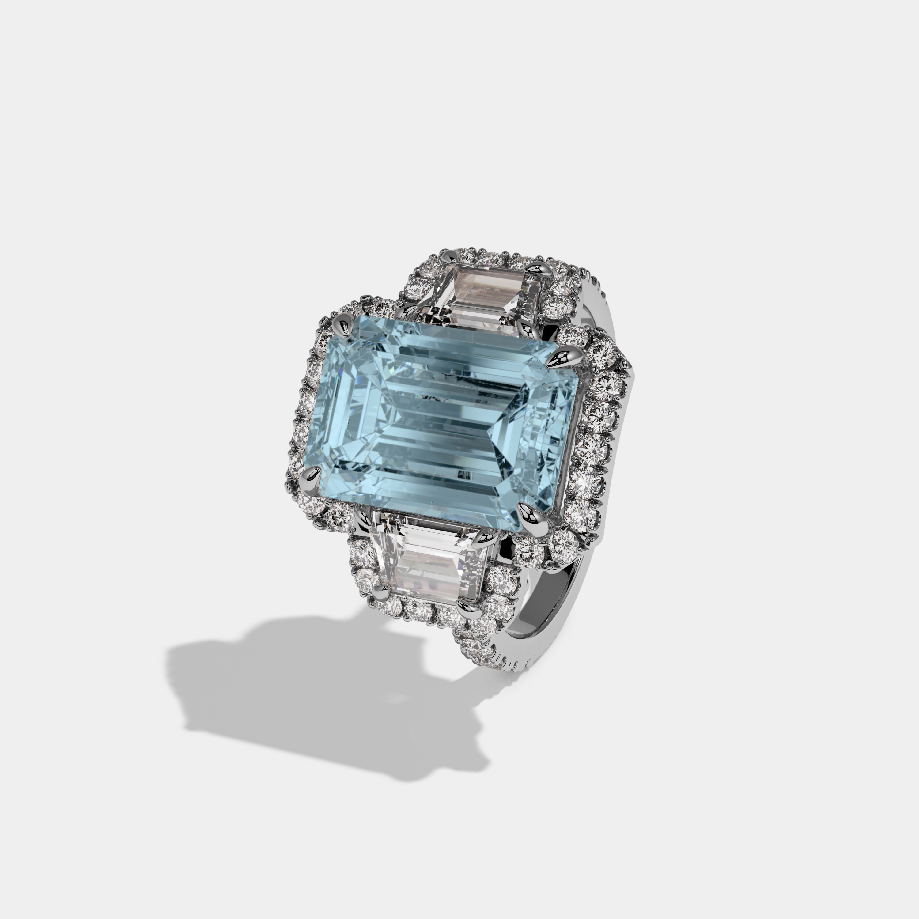 Caroline Fancy Light Blue Emerald Cut Diamond Band With Halo Engagement Ring 8ct 18K White Gold