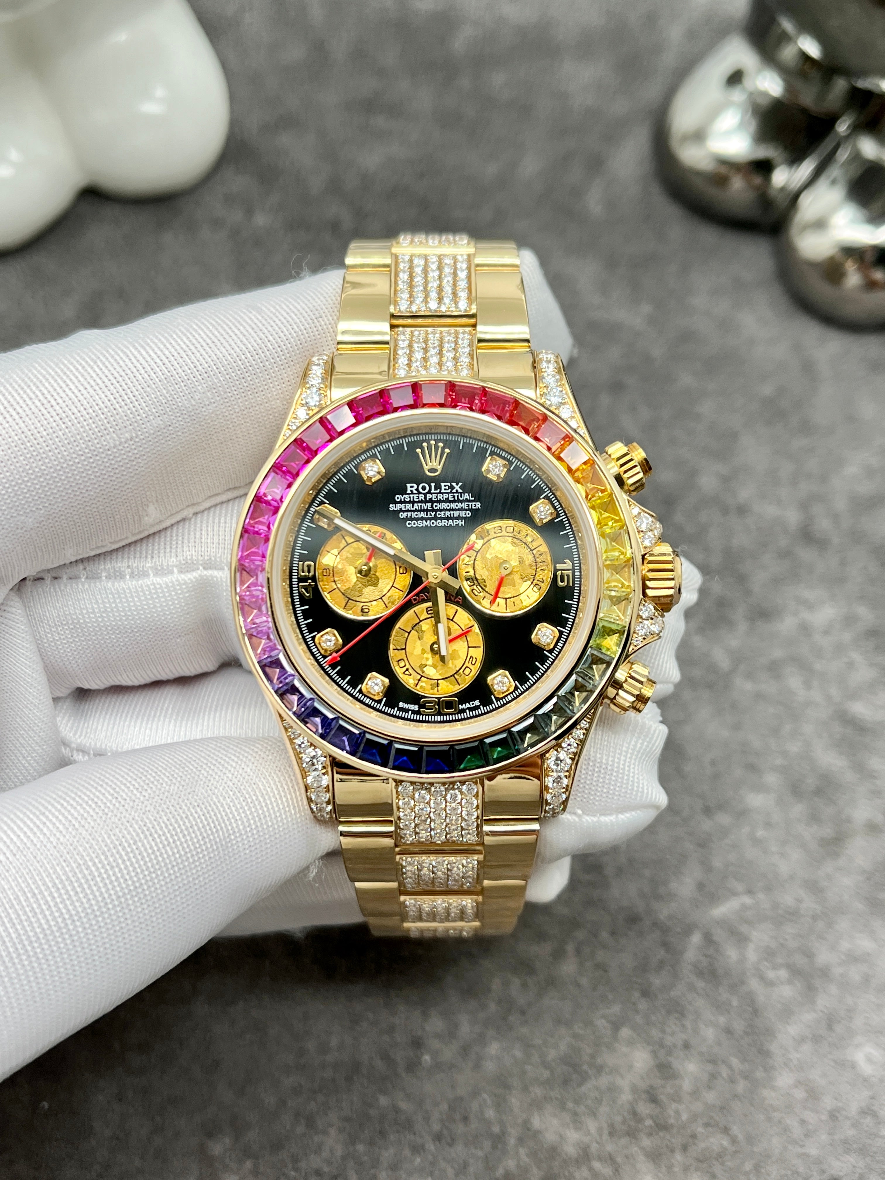 Rolex Daytona 18k Yellow Gold Rainbow Custom Bezel Black Dial Mens Watch 116528