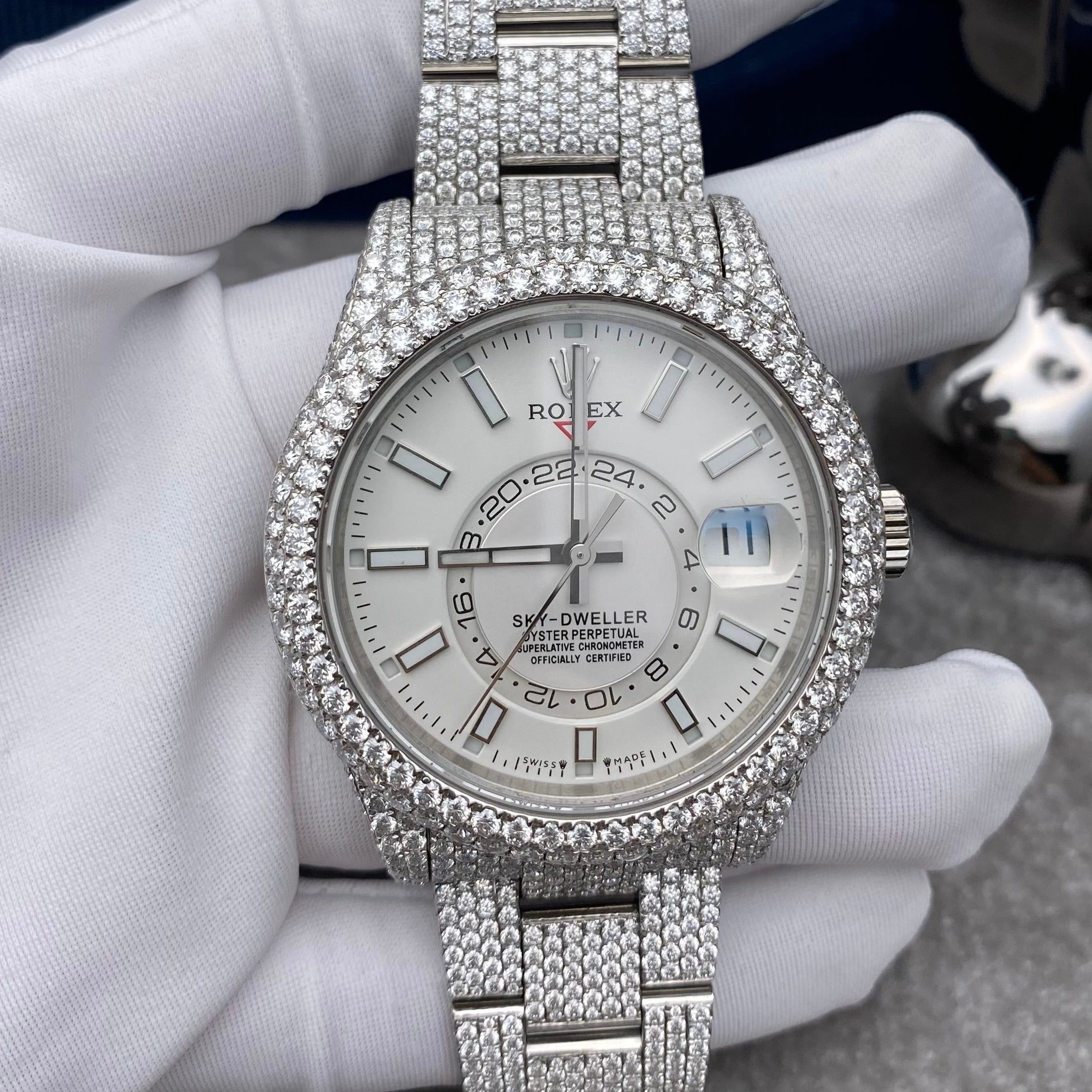 Rolex Sky Dweller 42 mm White Index Dial Stainless Steel Diamond Watch 326934