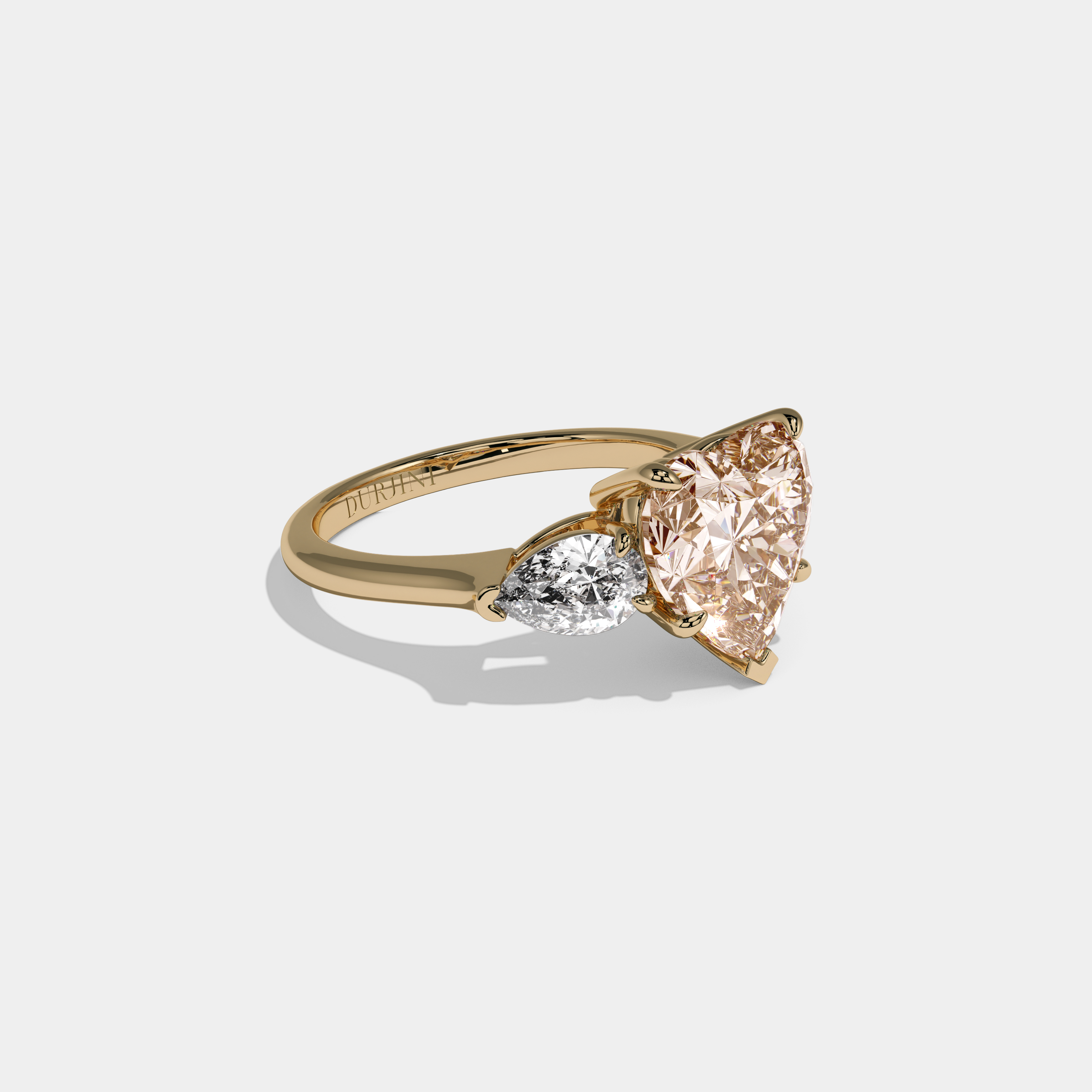 Catherine Fancy Champagne Brown Heart Cut Diamond Plain Band With Pear Cut Sides Engagement Ring 8ct 18K Yellow Gold