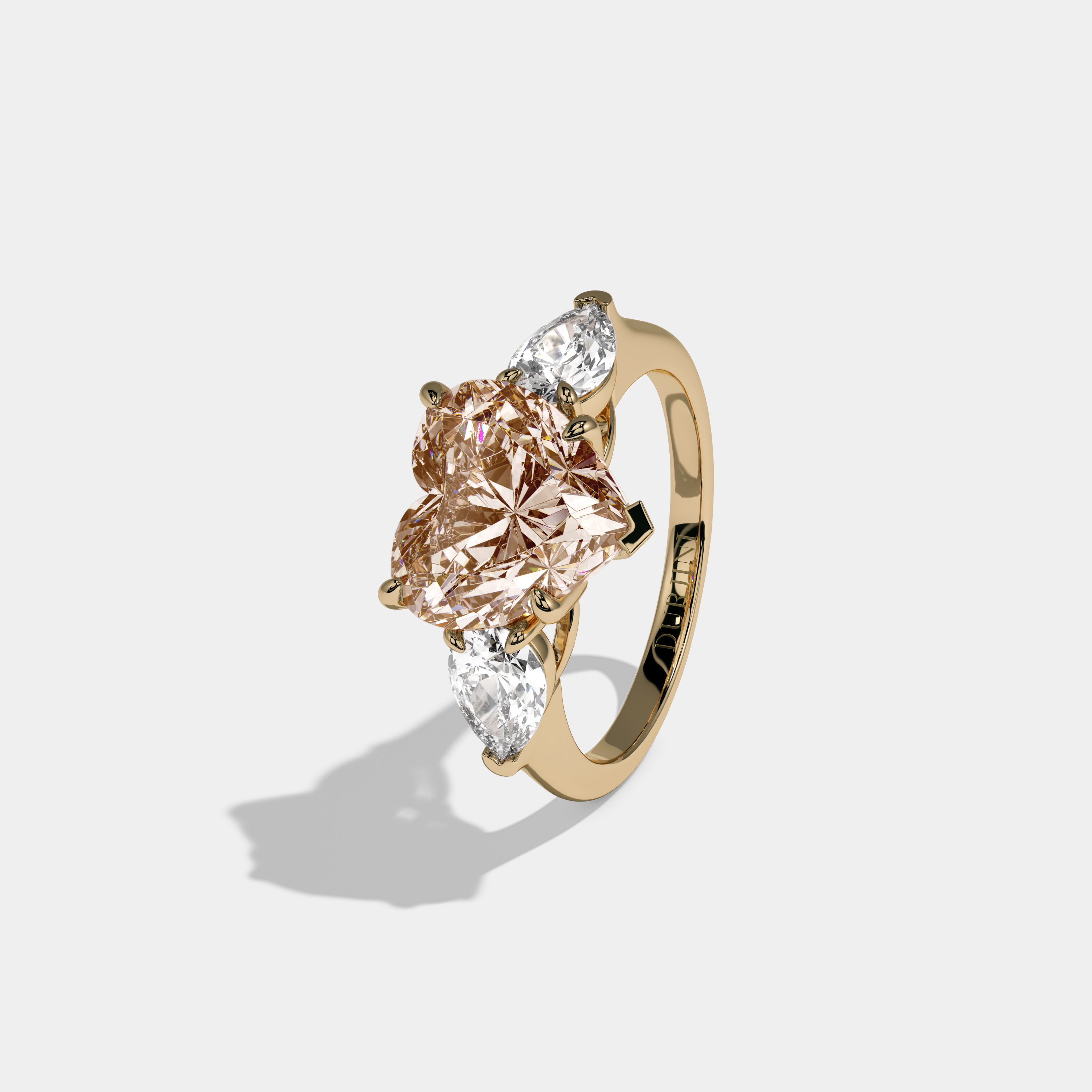 Catherine Fancy Champagne Brown Heart Cut Diamond Plain Band With Pear Cut Sides Engagement Ring 8ct 18K Yellow Gold