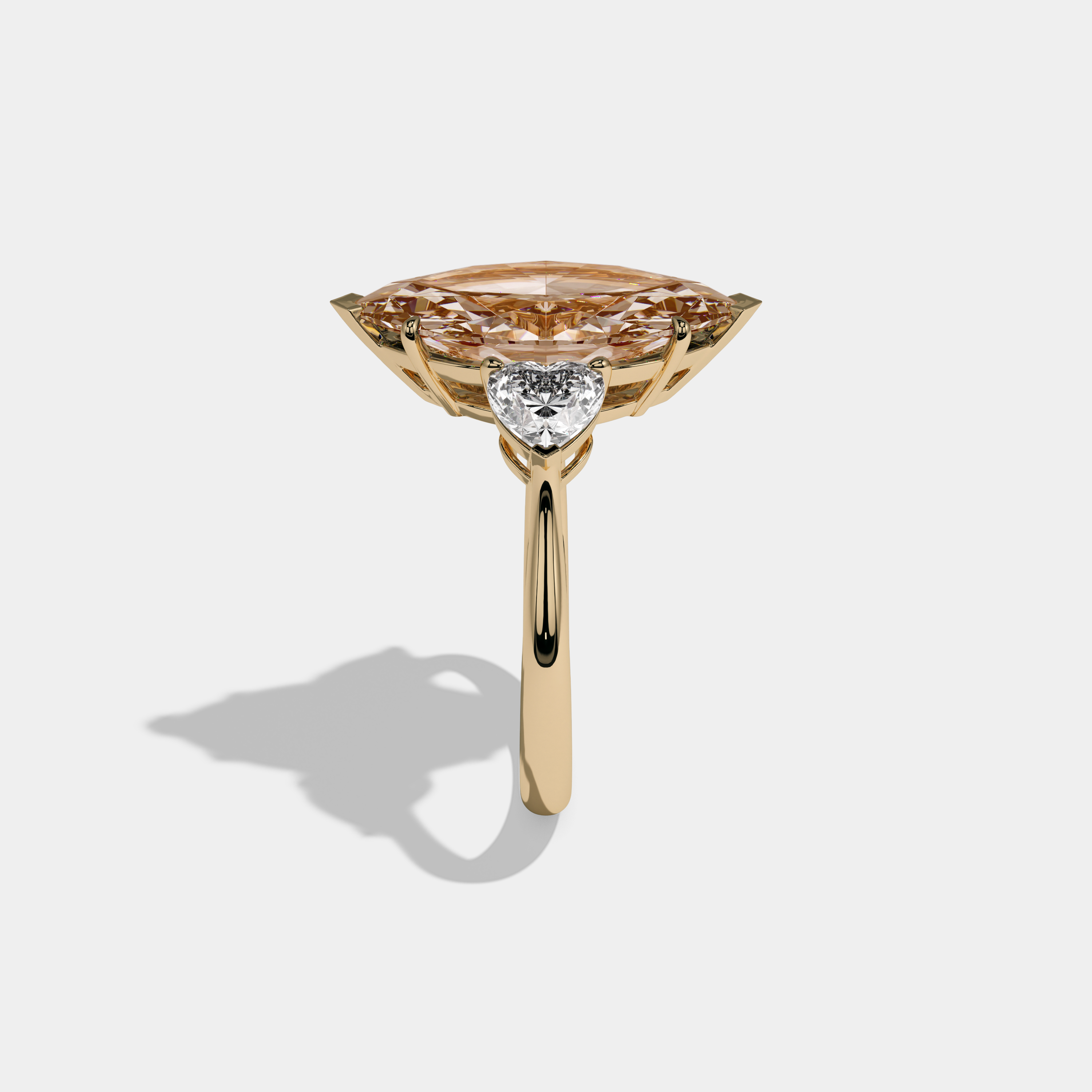 Catherine Fancy Champagne Brown Marquise Cut Diamond Plain Band With Heart Cut Sides Engagement Ring 8ct 18K Yellow Gold