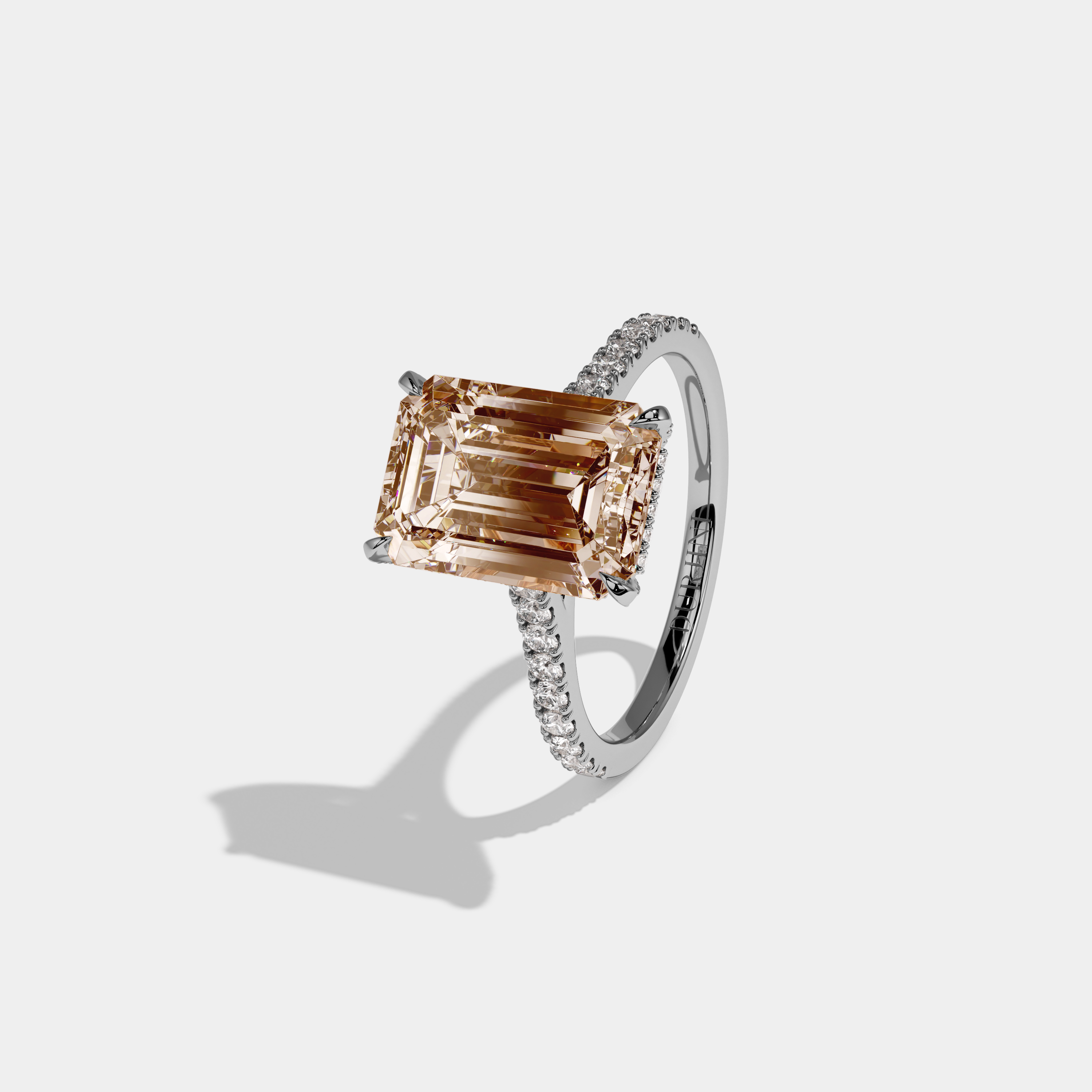 Caroline Fancy Champagne Brown Emerald Cut Diamond Band Engagement Ring 8ct 18k White Gold