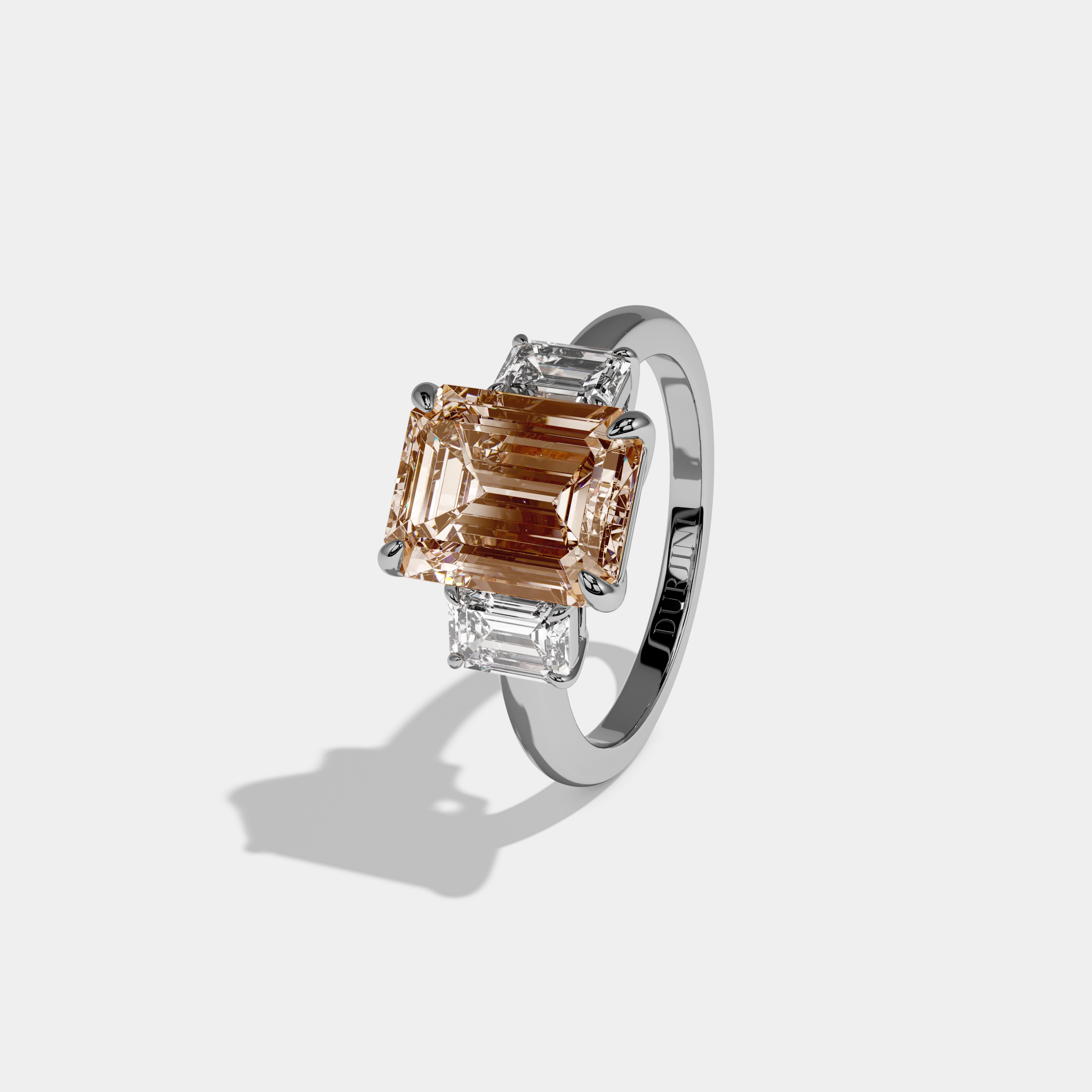 Caroline Fancy Champagne Brown Emerald Cut Diamond Plain Band With Emerald Cut Sides Engagement Ring 8ct 18k White Gold