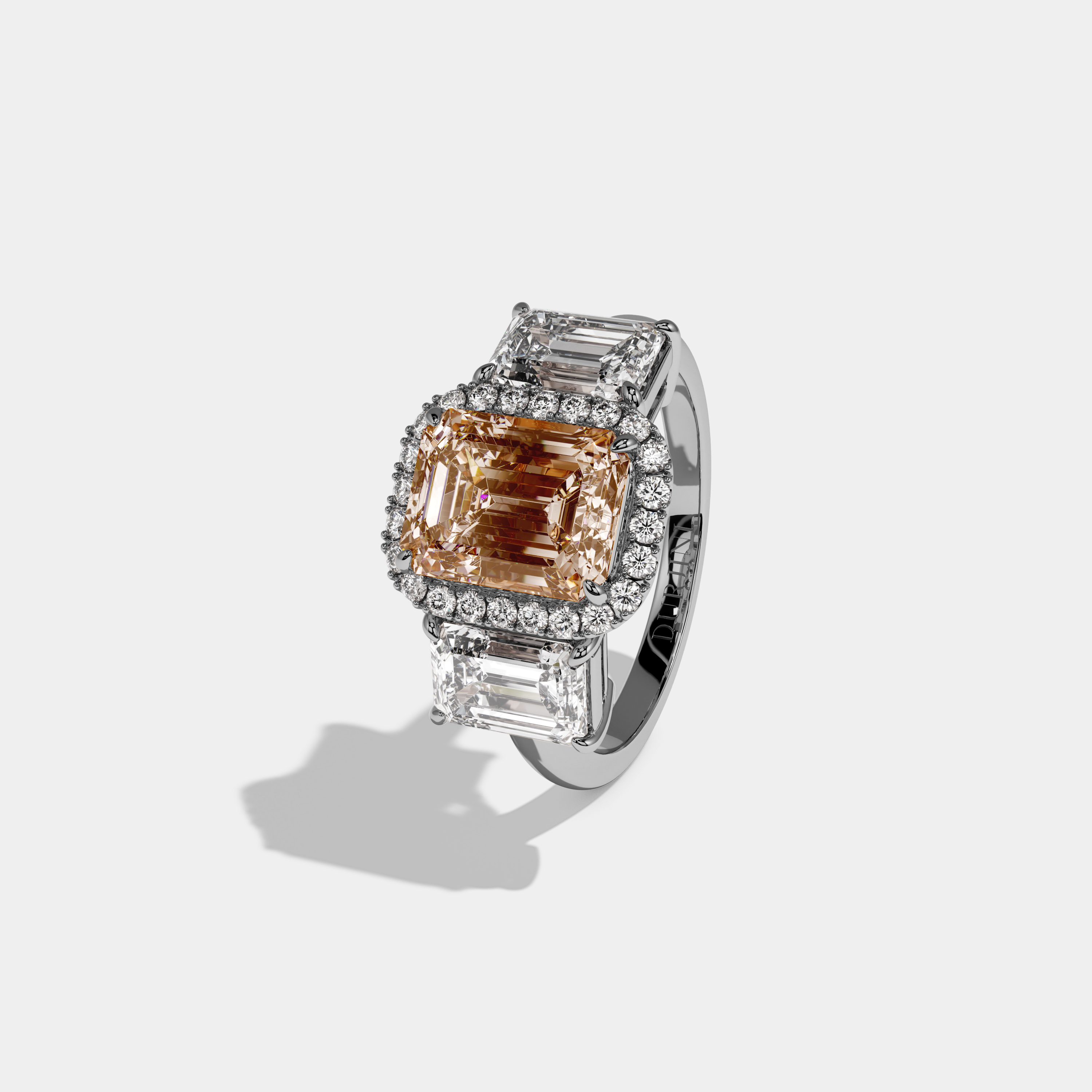 Augusta Fancy Champagne Brown Emerald Cut Diamond Plain Band With Emerald Cut Sides Engagement Ring 8ct 18K White Gold
