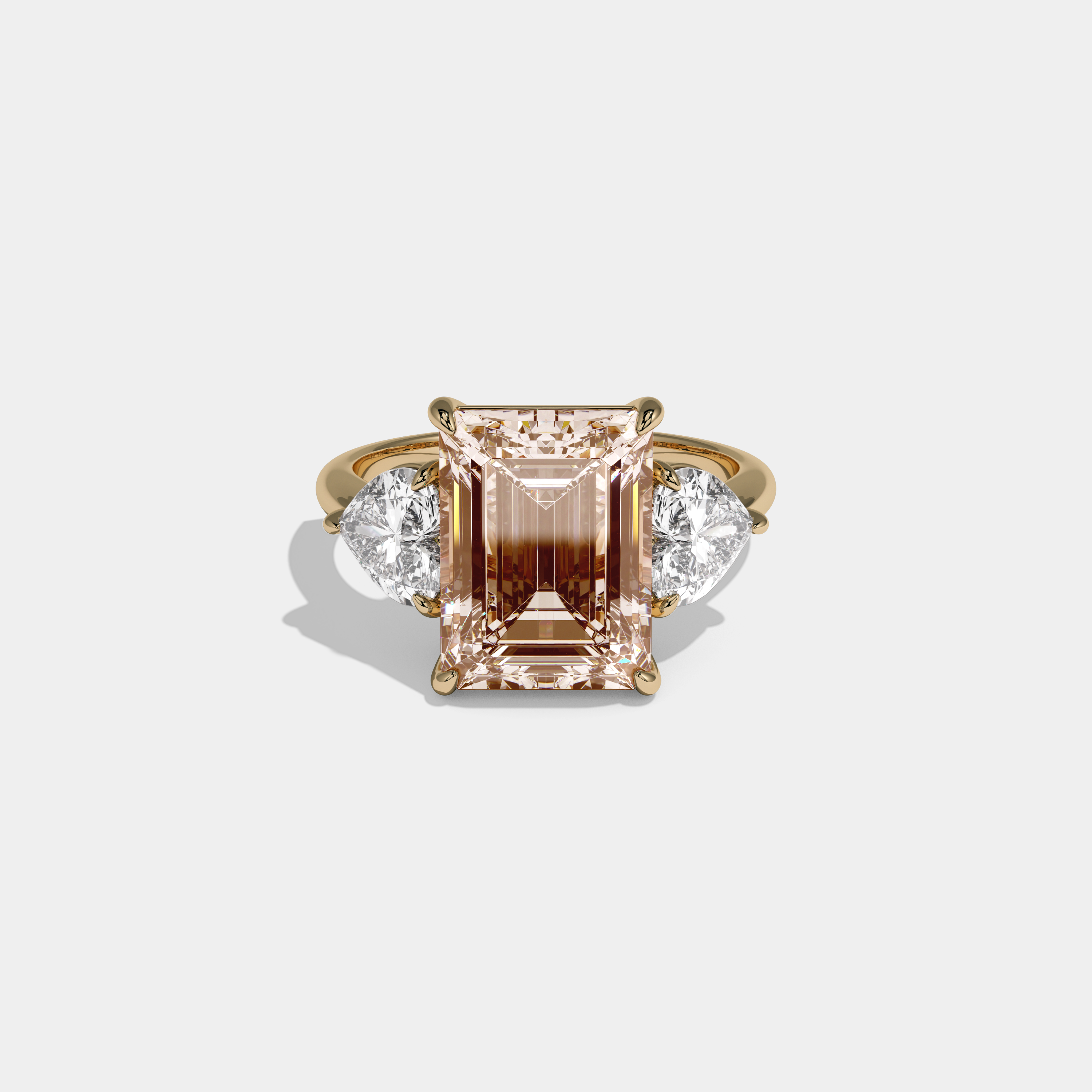 Catherine Fancy Champagne Brown Emerald Cut Diamond Plain Band With Heart Cut Sides Engagement Ring 8ct 18K Yellow Gold