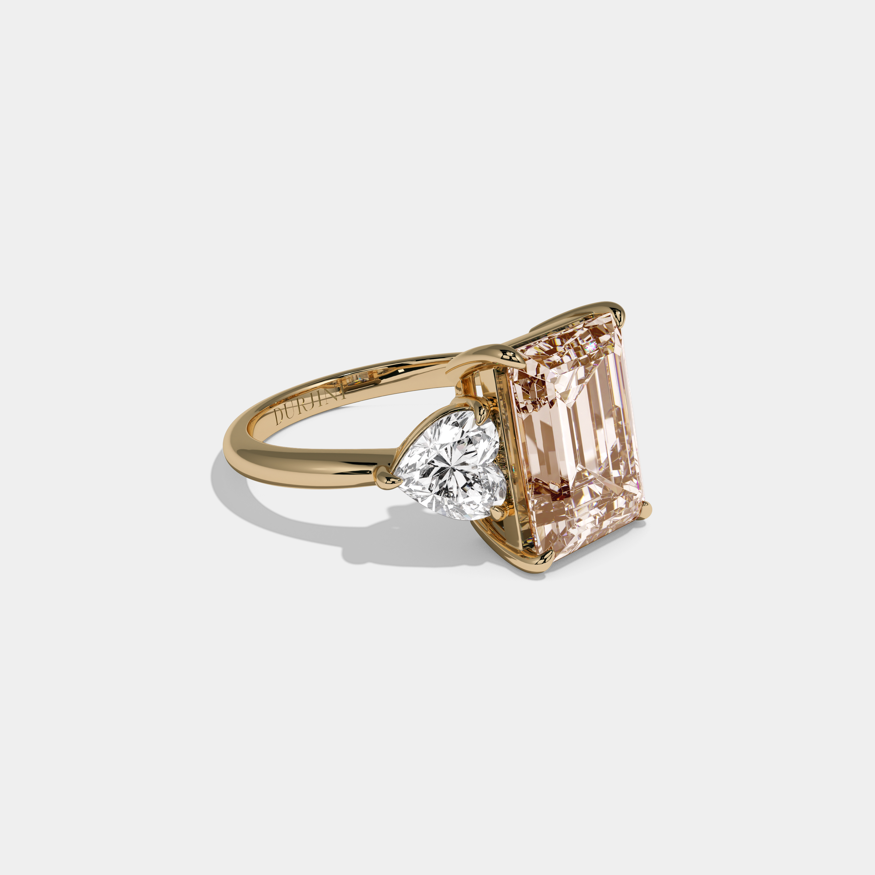 Catherine Fancy Champagne Brown Emerald Cut Diamond Plain Band With Heart Cut Sides Engagement Ring 8ct 18K Yellow Gold
