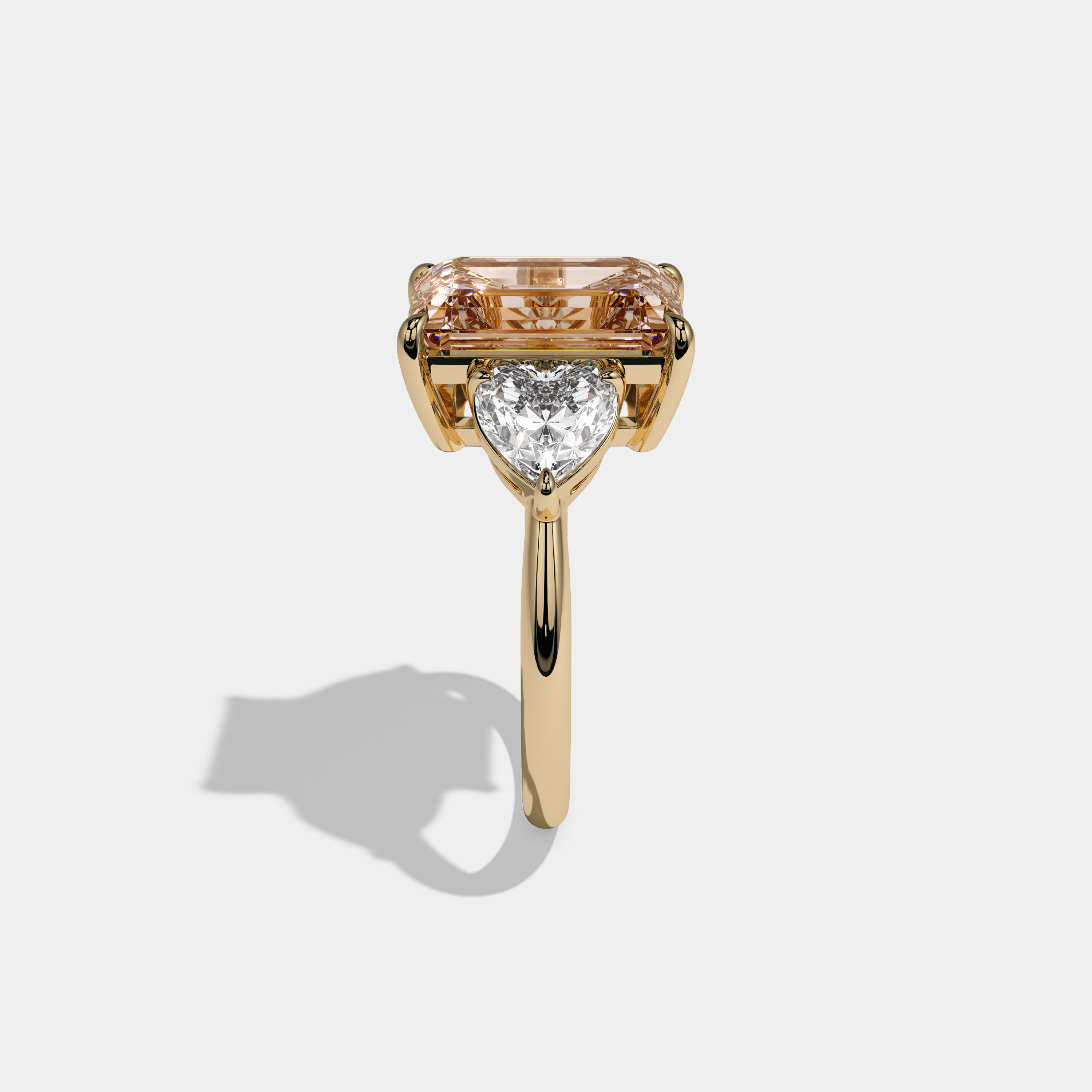 Catherine Fancy Champagne Brown Emerald Cut Diamond Plain Band With Heart Cut Sides Engagement Ring 8ct 18K Yellow Gold