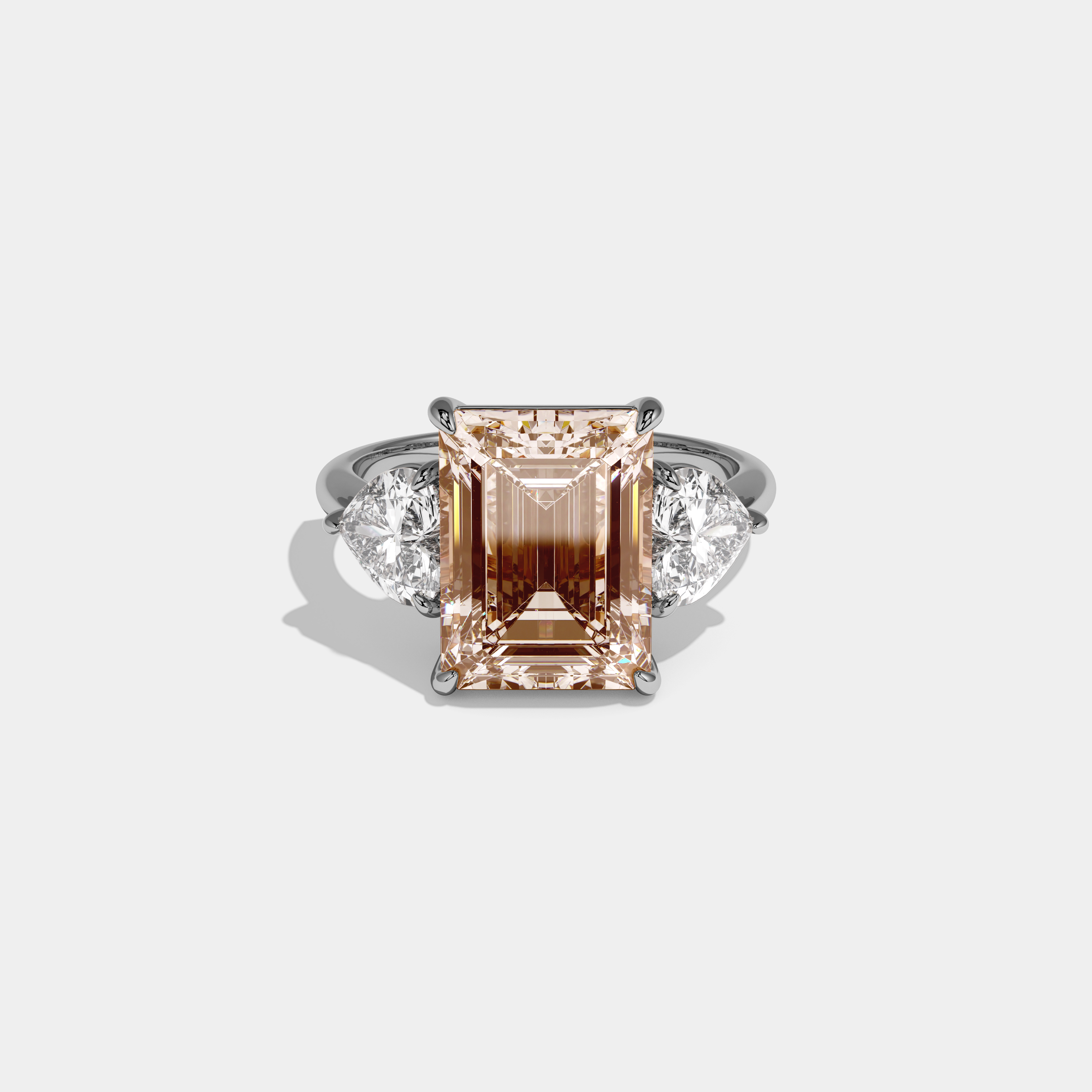 Louisa Fancy Champagne Brown Emerald Cut Diamond Plain Band With Heart Cut Sides Engagement Ring 8ct 18K White Gold