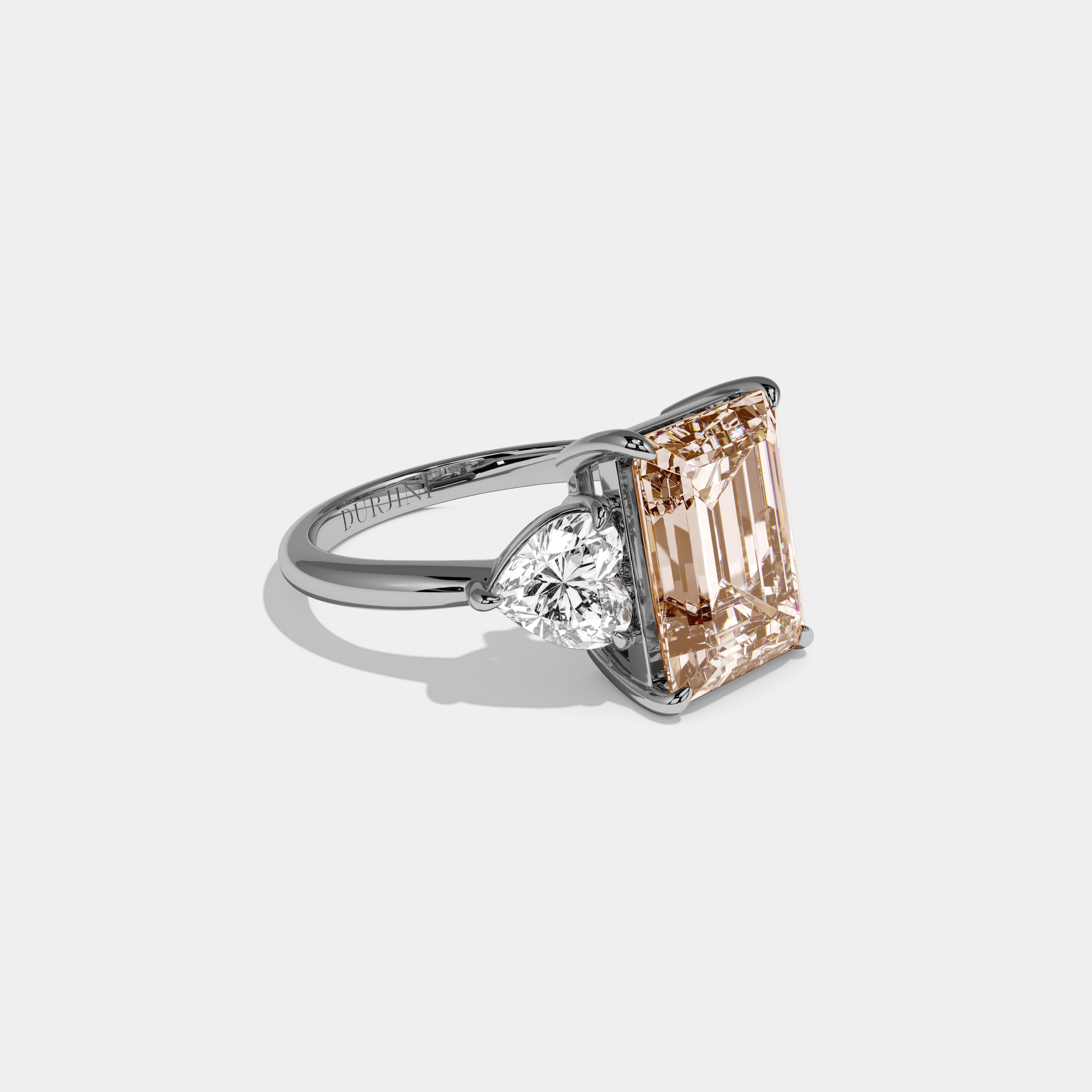 Louisa Fancy Champagne Brown Emerald Cut Diamond Plain Band With Heart Cut Sides Engagement Ring 8ct 18K White Gold