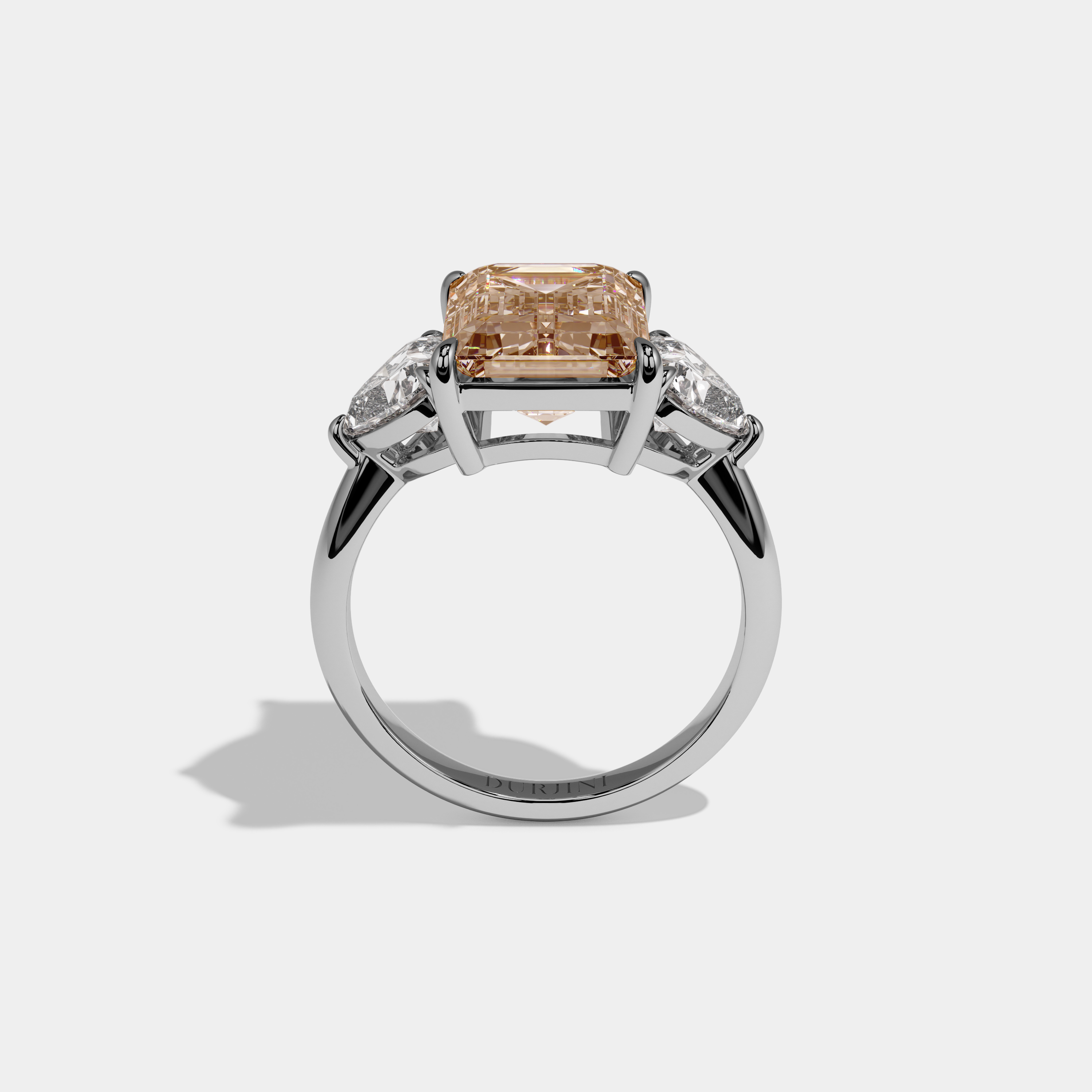 Louisa Fancy Champagne Brown Emerald Cut Diamond Plain Band With Heart Cut Sides Engagement Ring 8ct 18K White Gold