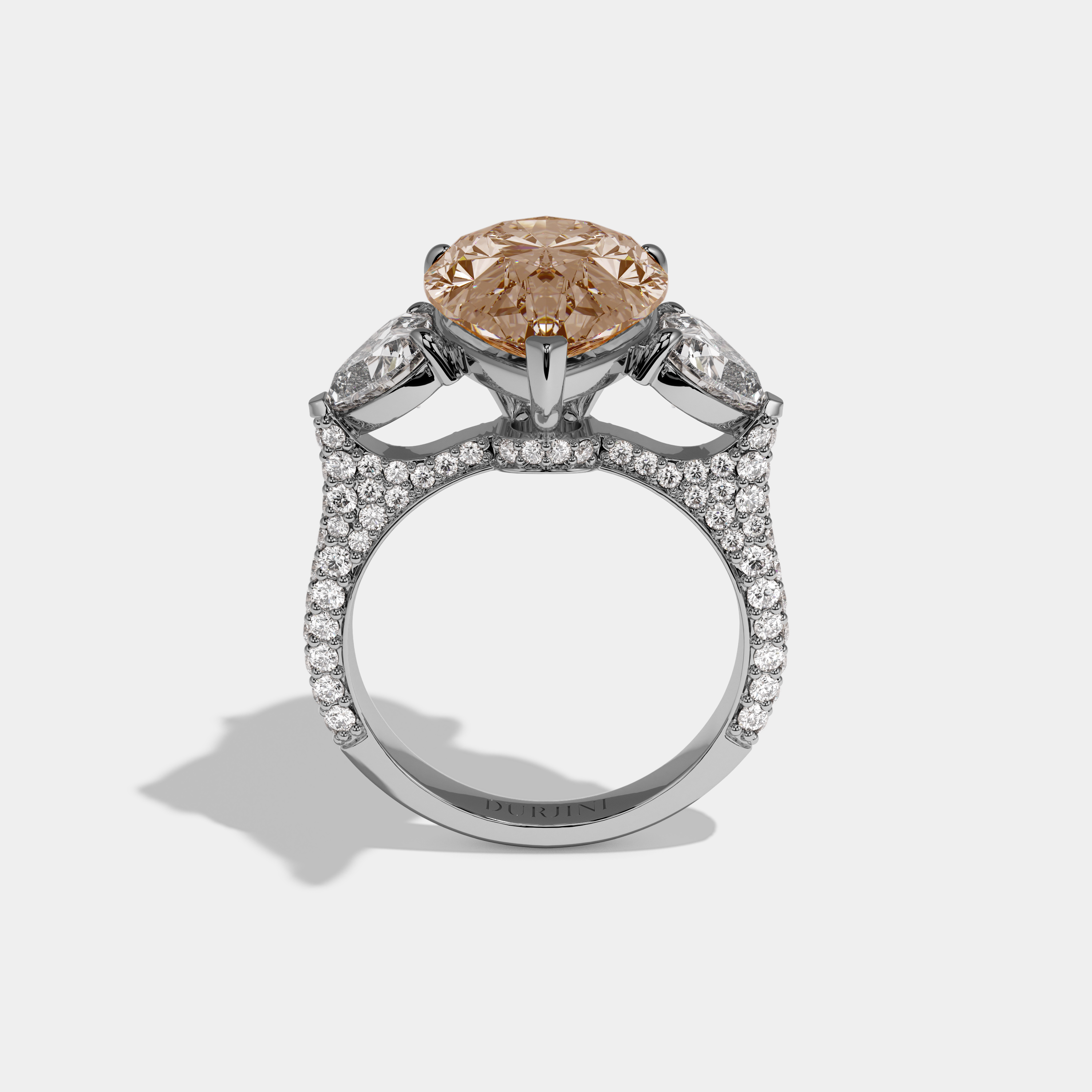 Elizabeth Fancy Champagne Brown Pear Cut Diamond Band With Heart Cut Sides Engagement Ring 9ct 18K White Gold