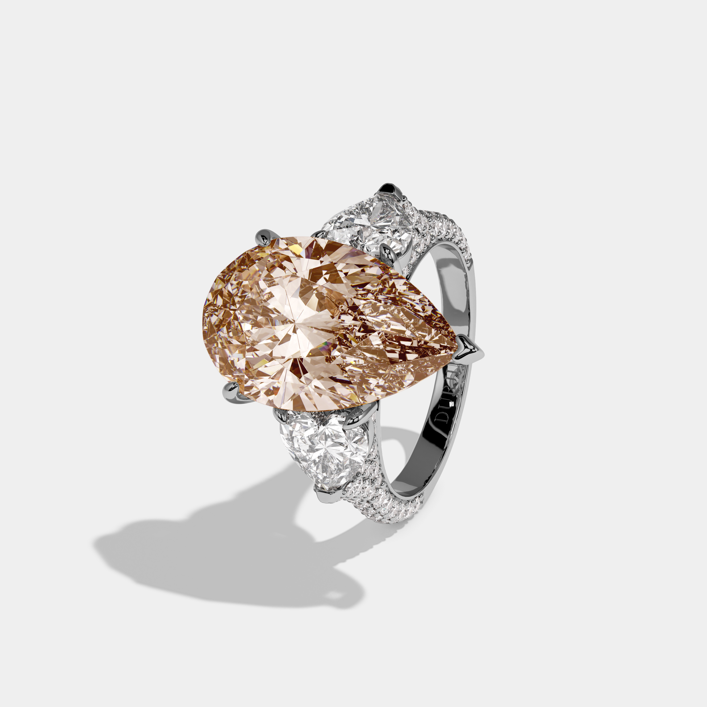 Elizabeth Fancy Champagne Brown Pear Cut Diamond Band With Heart Cut Sides Engagement Ring 9ct 18K White Gold