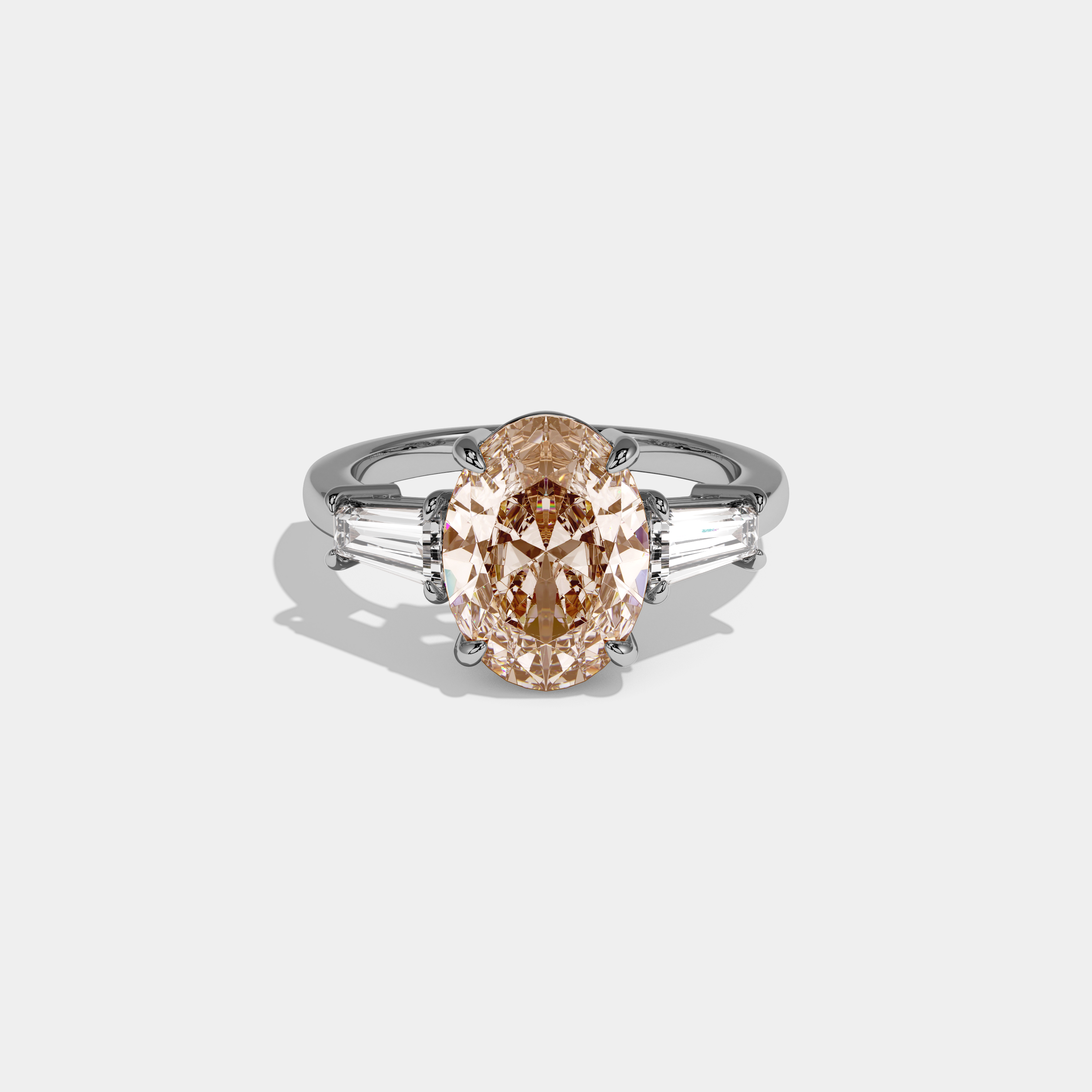 Catherine Fancy Champagne Brown Oval Cut Diamond Plain Band Engagement Ring With Baguette Cut Sides 6ct 18K White Gold
