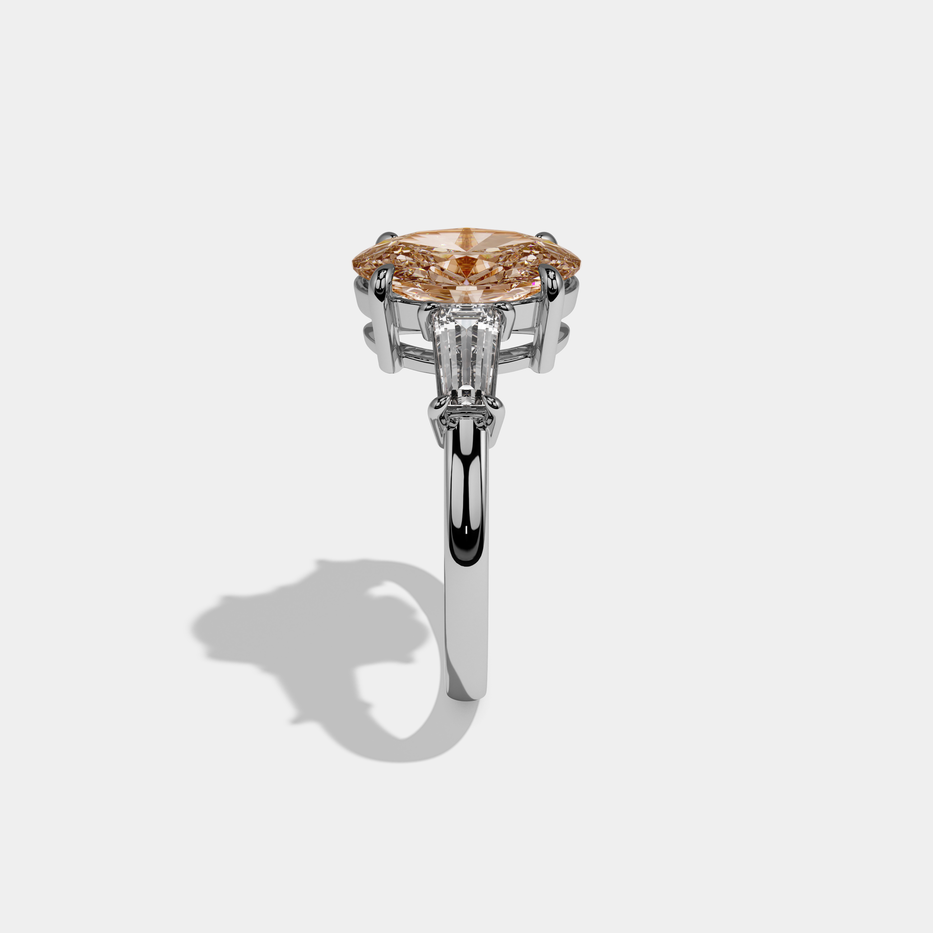 Catherine Fancy Champagne Brown Oval Cut Diamond Plain Band Engagement Ring With Baguette Cut Sides 6ct 18K White Gold