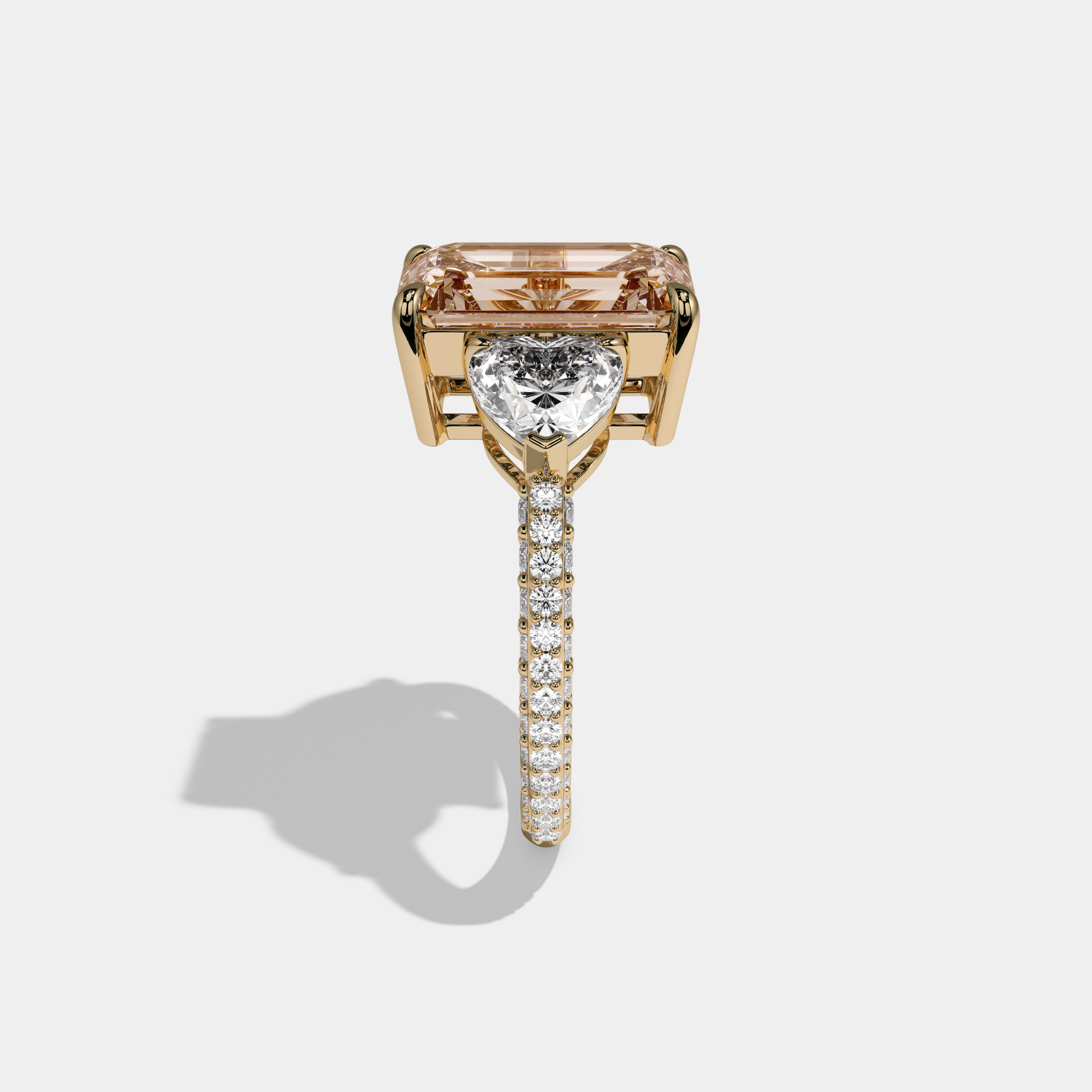 Camilla Fancy Champagne Brown Emerald Cut Diamond Band With Heart Cut Sides Engagement Ring 8ct 18K Yellow Gold