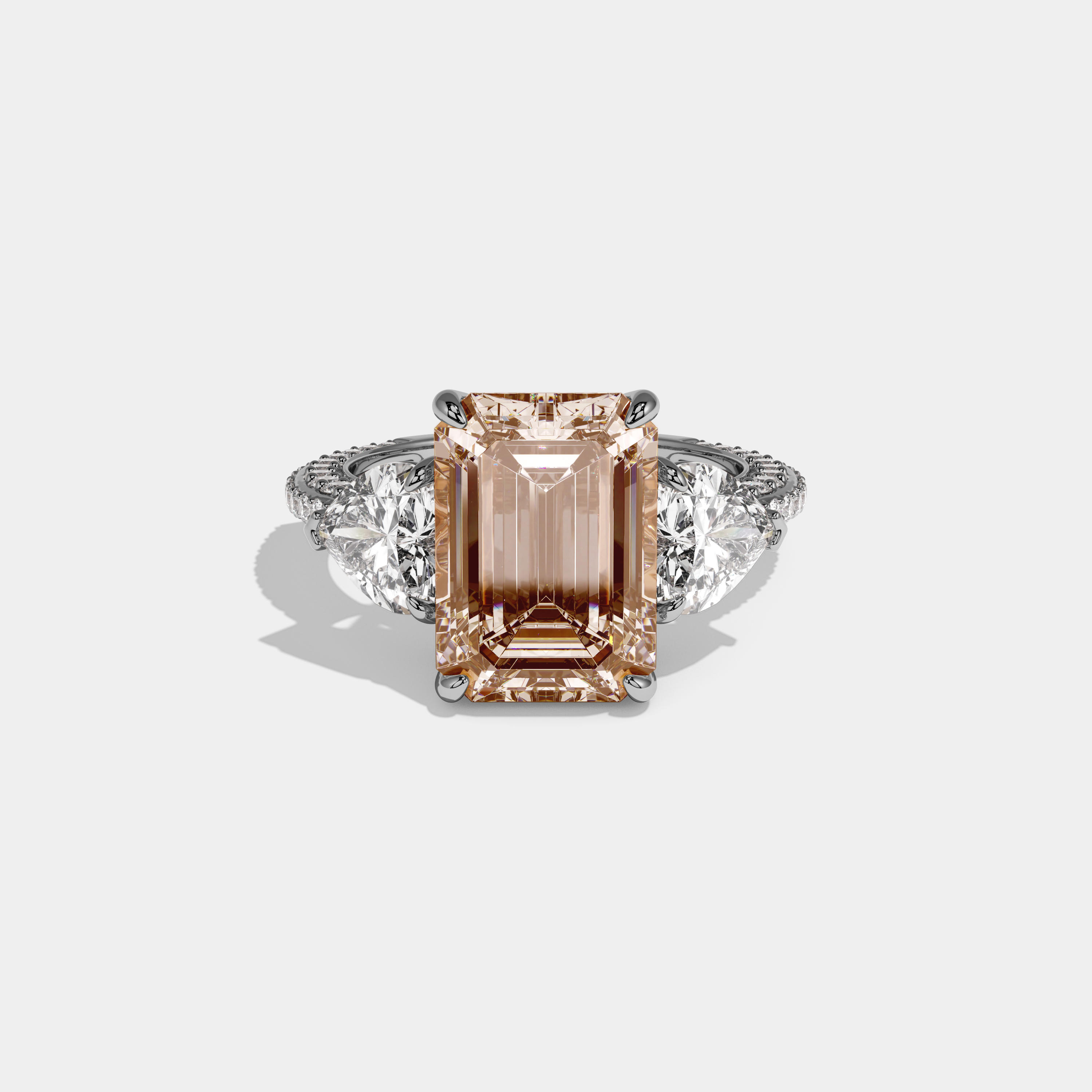 Augusta Fancy Champagne Brown Emerald Cut Diamond Band With Heart Cut Sides Engagement Ring 8ct 18K White Gold