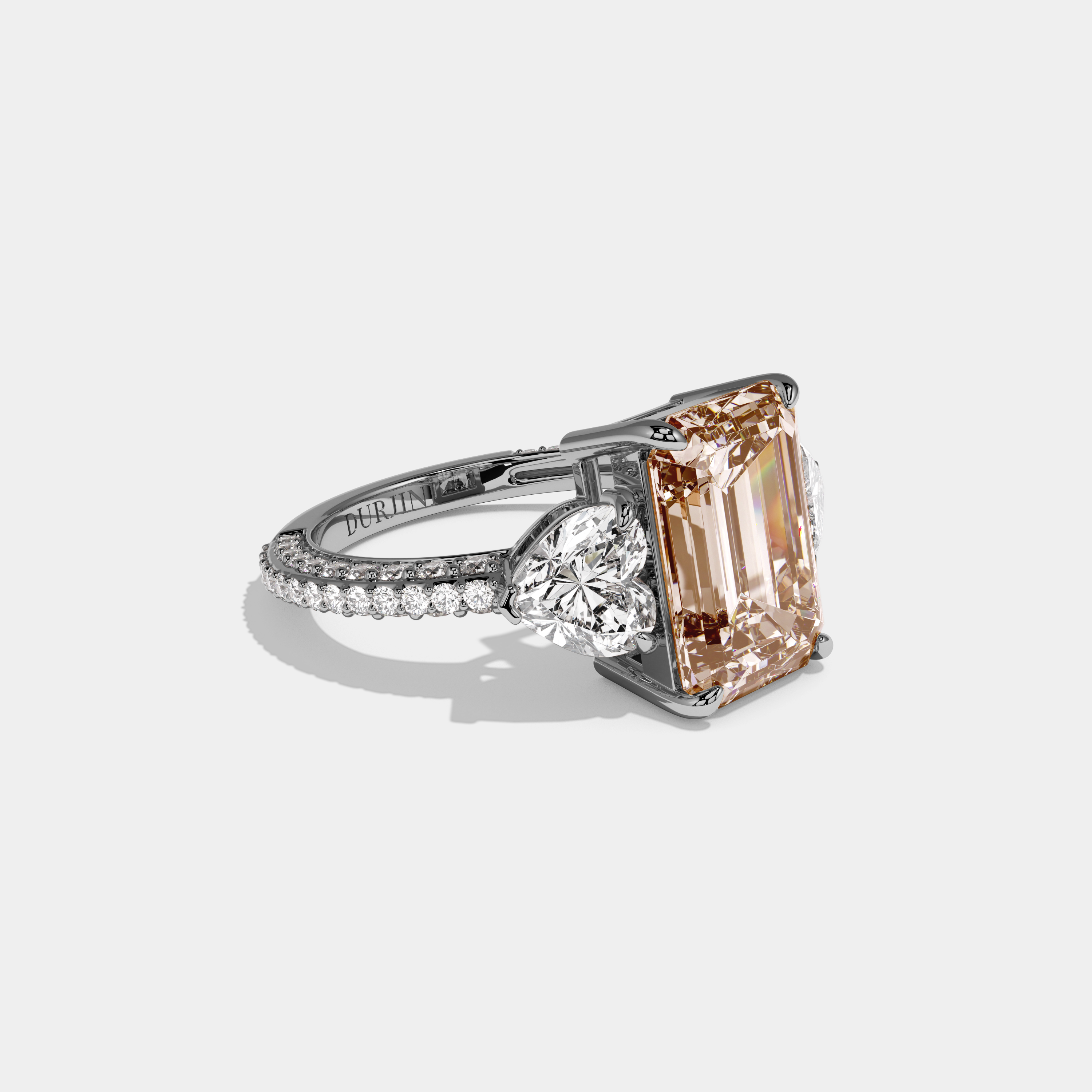 Augusta Fancy Champagne Brown Emerald Cut Diamond Band With Heart Cut Sides Engagement Ring 8ct 18K White Gold