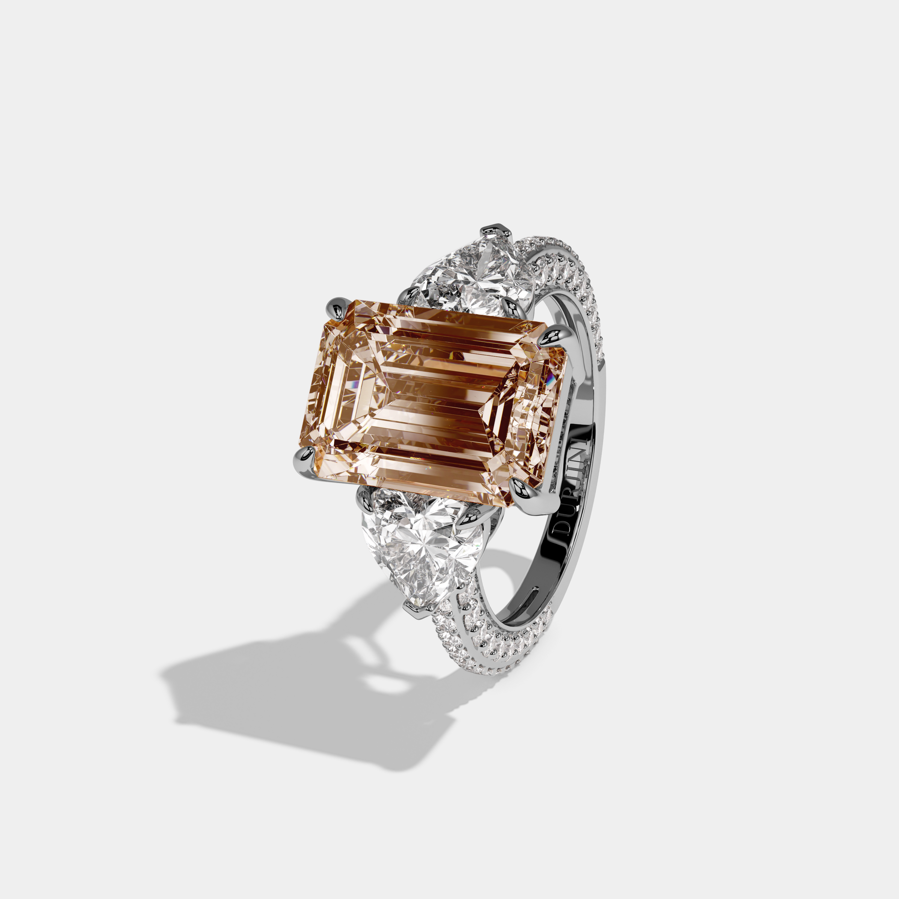 Augusta Fancy Champagne Brown Emerald Cut Diamond Band With Heart Cut Sides Engagement Ring 8ct 18K White Gold