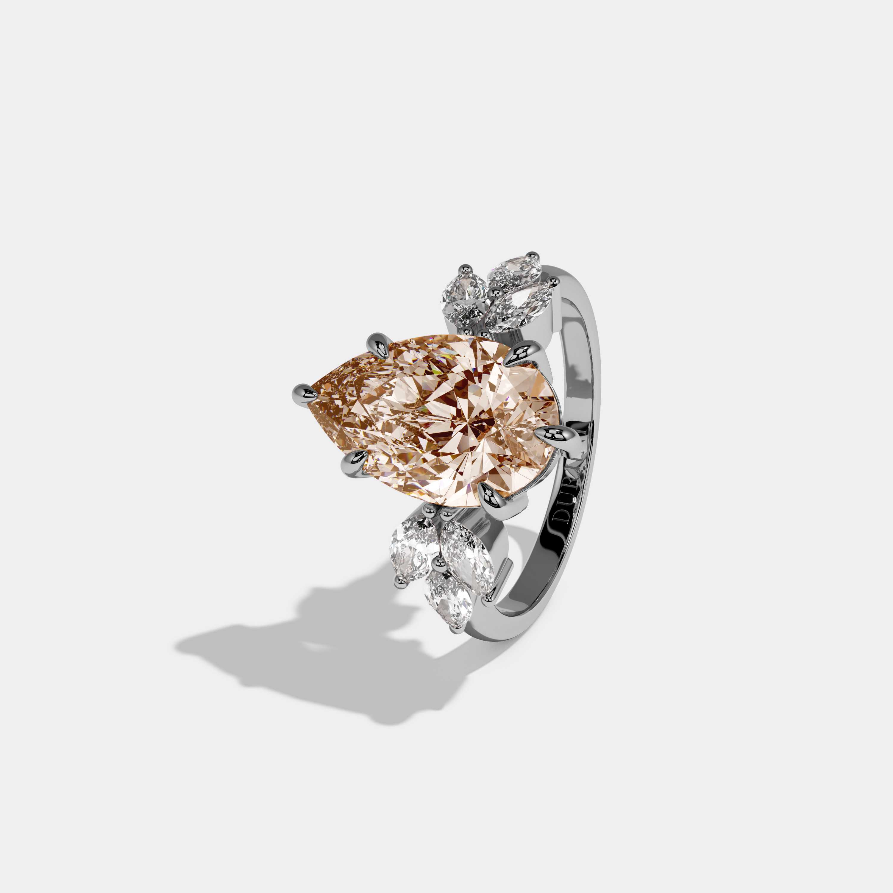 Elizabeth Fancy Champagne Brown Pear Cut Diamond Plain Band With Marquise Cut Sides Engagement Ring 7ct 18K White Gold