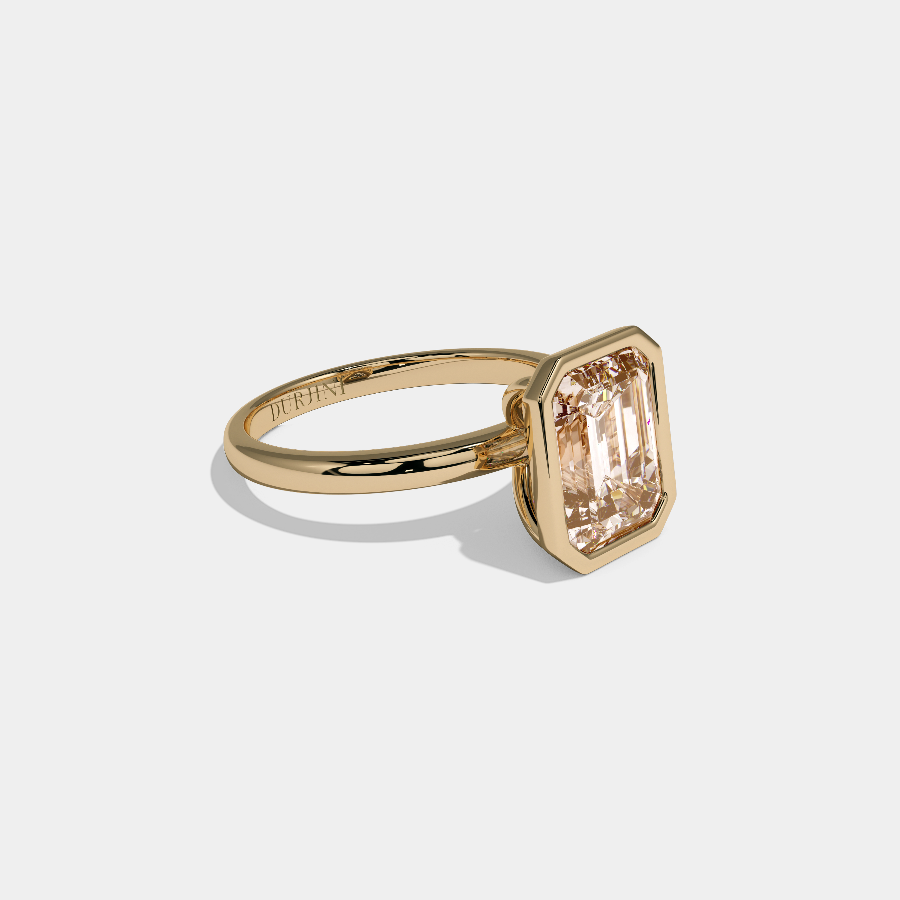 Alexandra Fancy Champagne Brown Emerald Cut Diamond Plain Band Bezel Engagement Ring 5ct 18K Yellow Gold