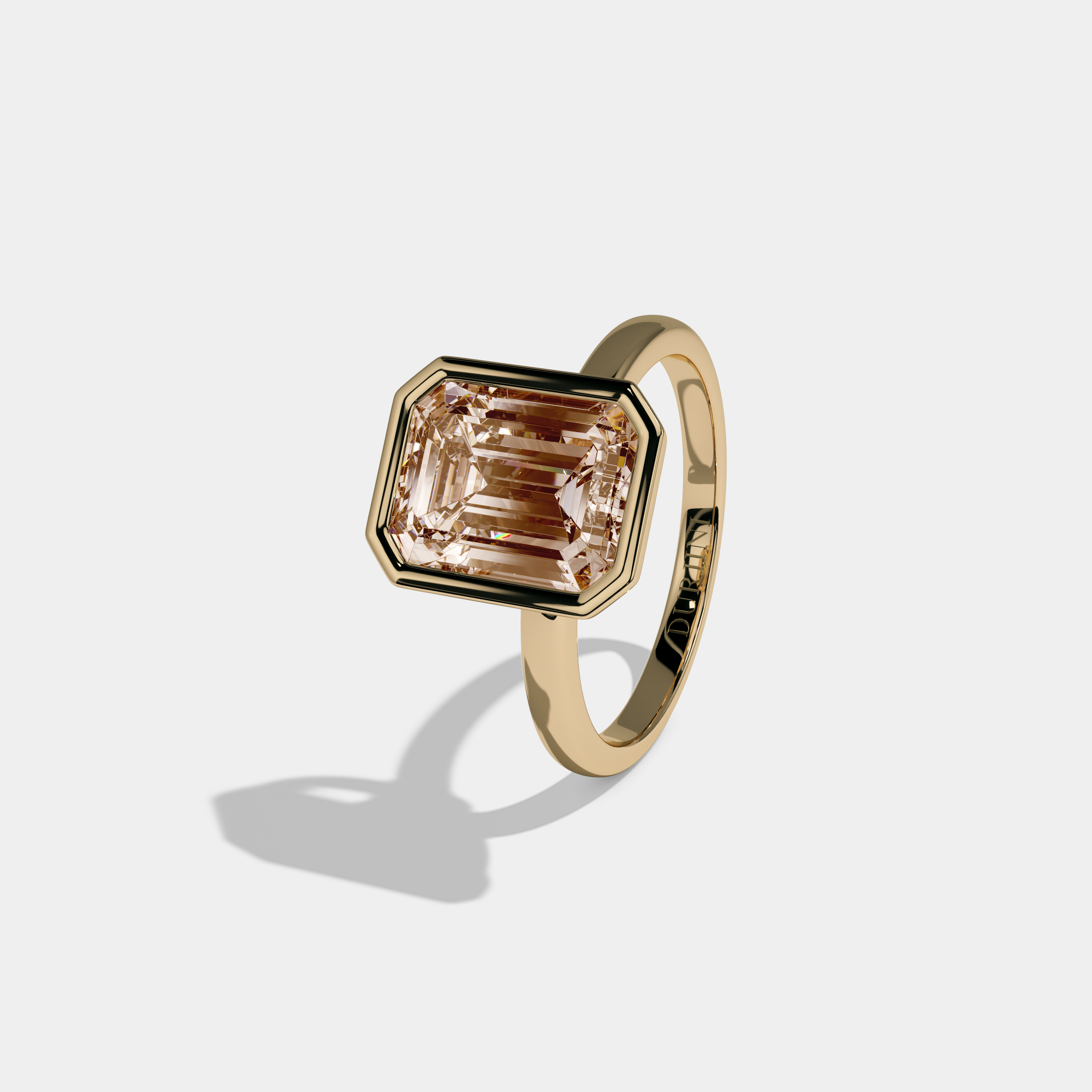 Alexandra Fancy Champagne Brown Emerald Cut Diamond Plain Band Bezel Engagement Ring 5ct 18K Yellow Gold