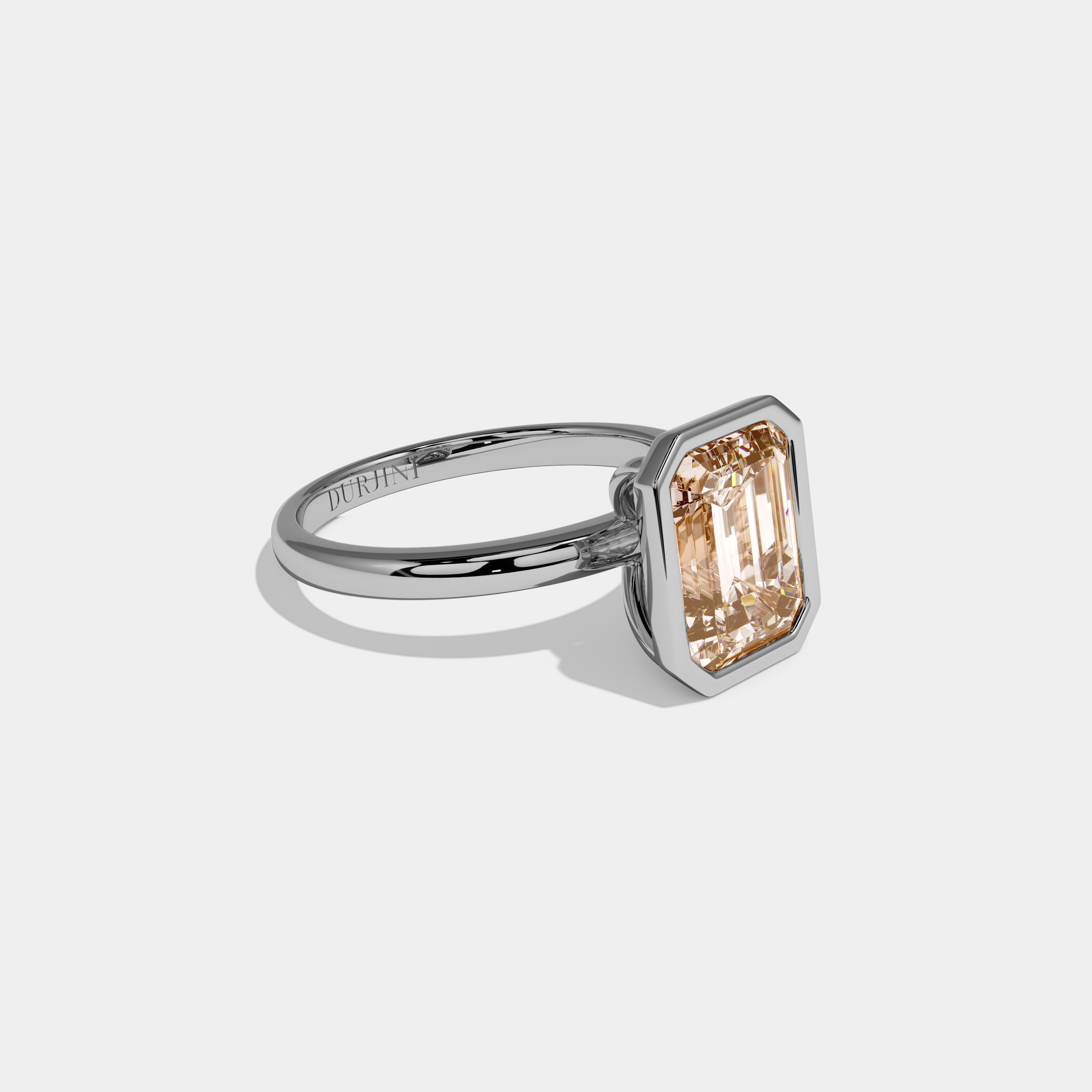 Elizabeth Fancy Champagne Brown Emerald Cut Diamond Plain Band Bezel Engagement Ring 5ct 18K White Gold