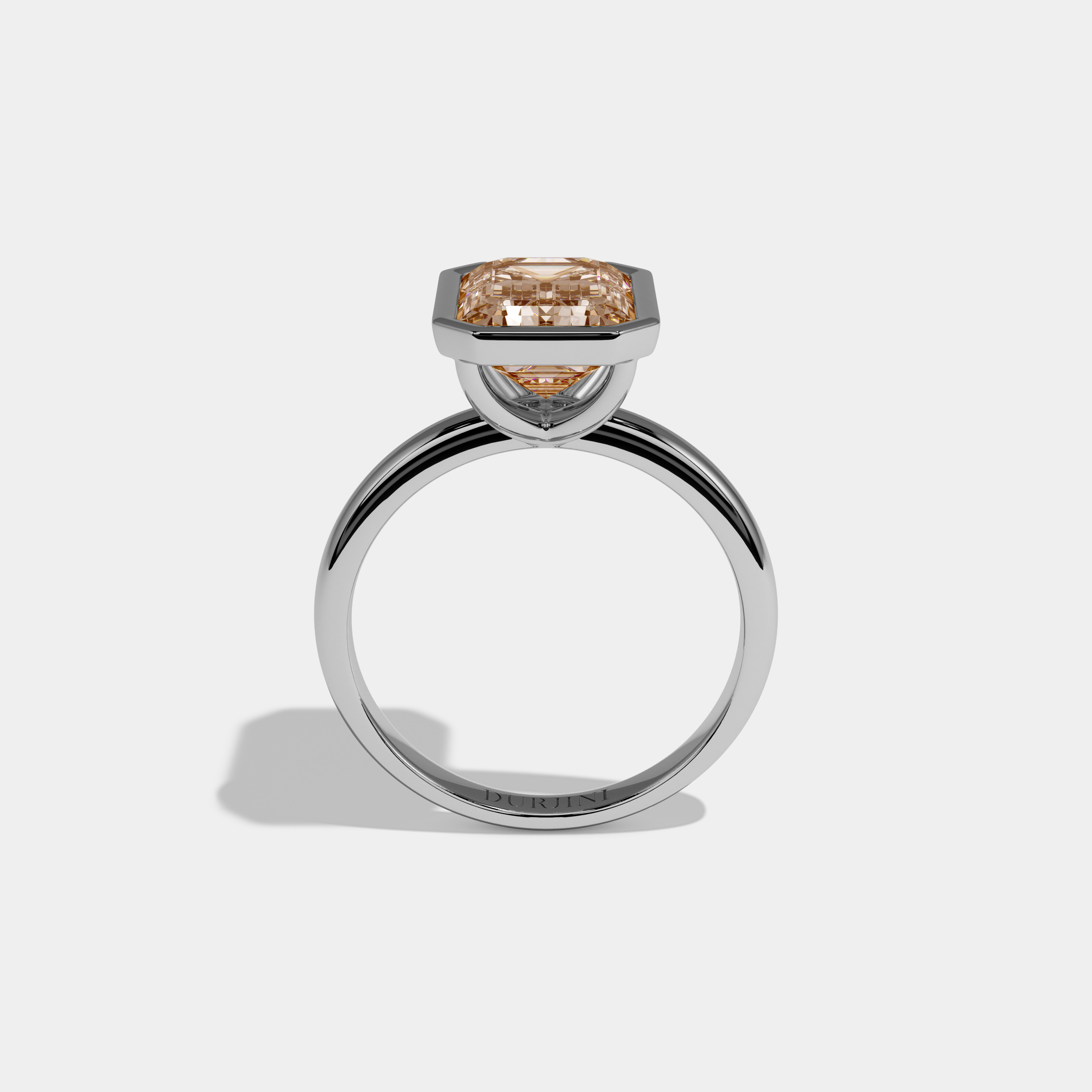 Elizabeth Fancy Champagne Brown Emerald Cut Diamond Plain Band Bezel Engagement Ring 5ct 18K White Gold