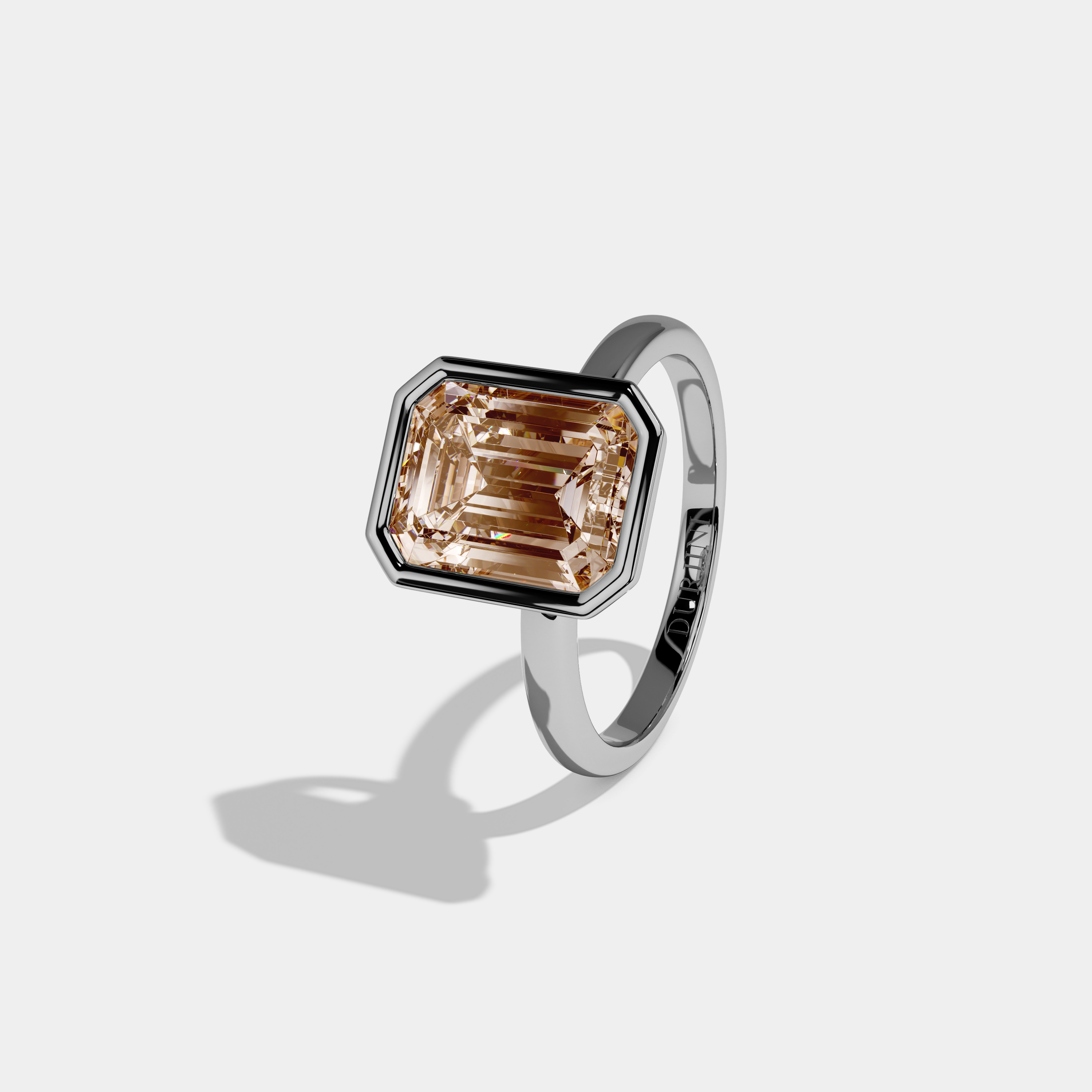 Elizabeth Fancy Champagne Brown Emerald Cut Diamond Plain Band Bezel Engagement Ring 5ct 18K White Gold