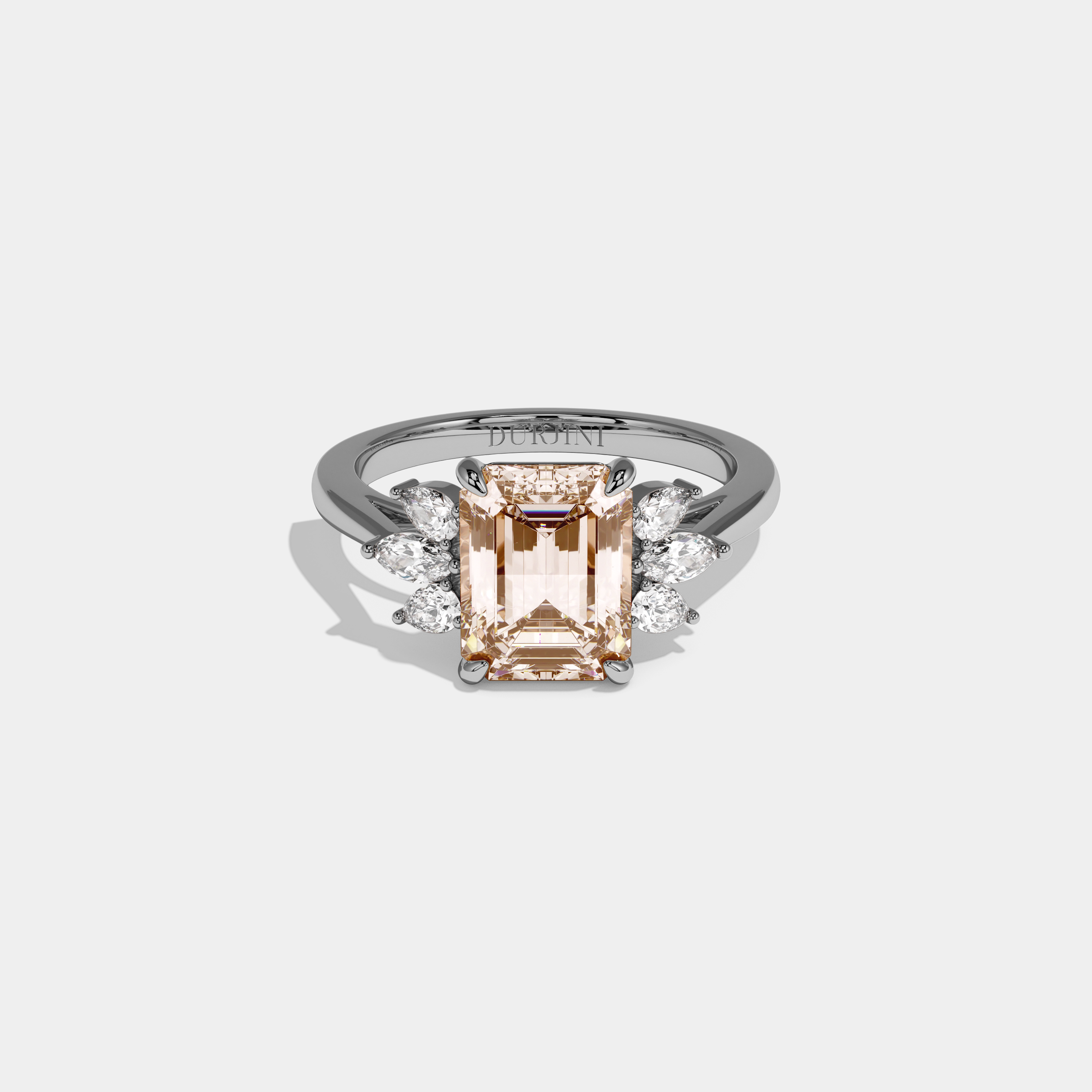 Augusta Fancy Champagne Brown Emerald Cut Diamond Plain Band With Marquise Cut Sides Engagement Ring 6ct 18K White Gold