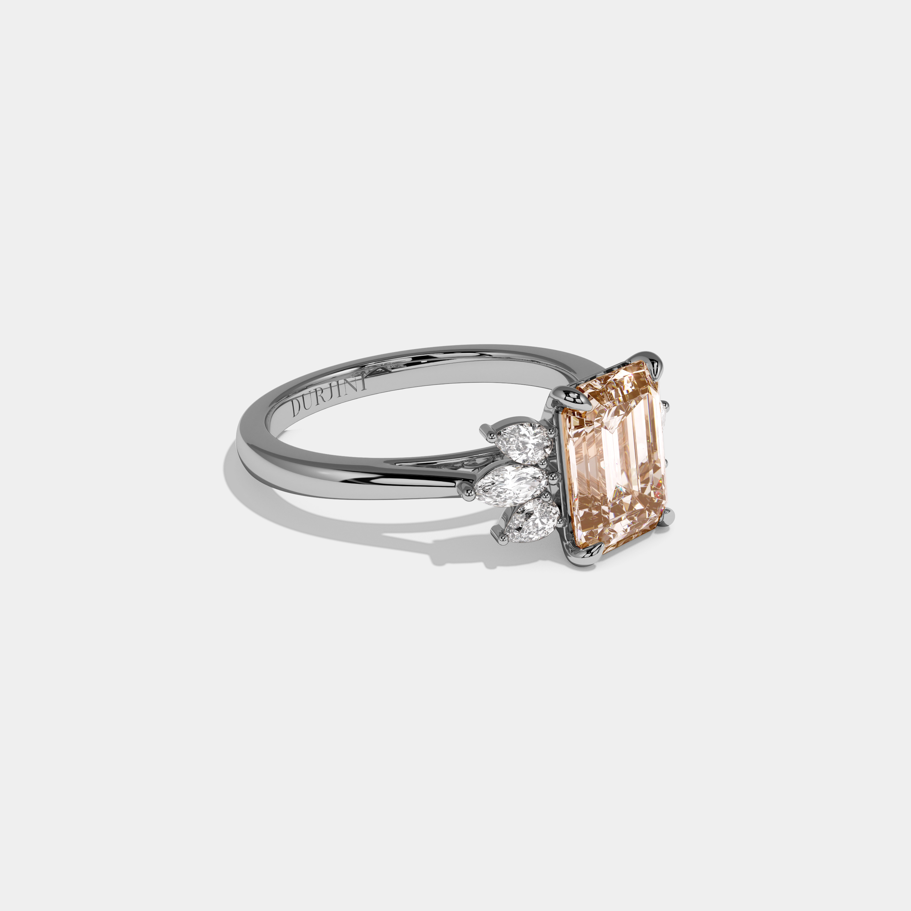 Augusta Fancy Champagne Brown Emerald Cut Diamond Plain Band With Marquise Cut Sides Engagement Ring 6ct 18K White Gold