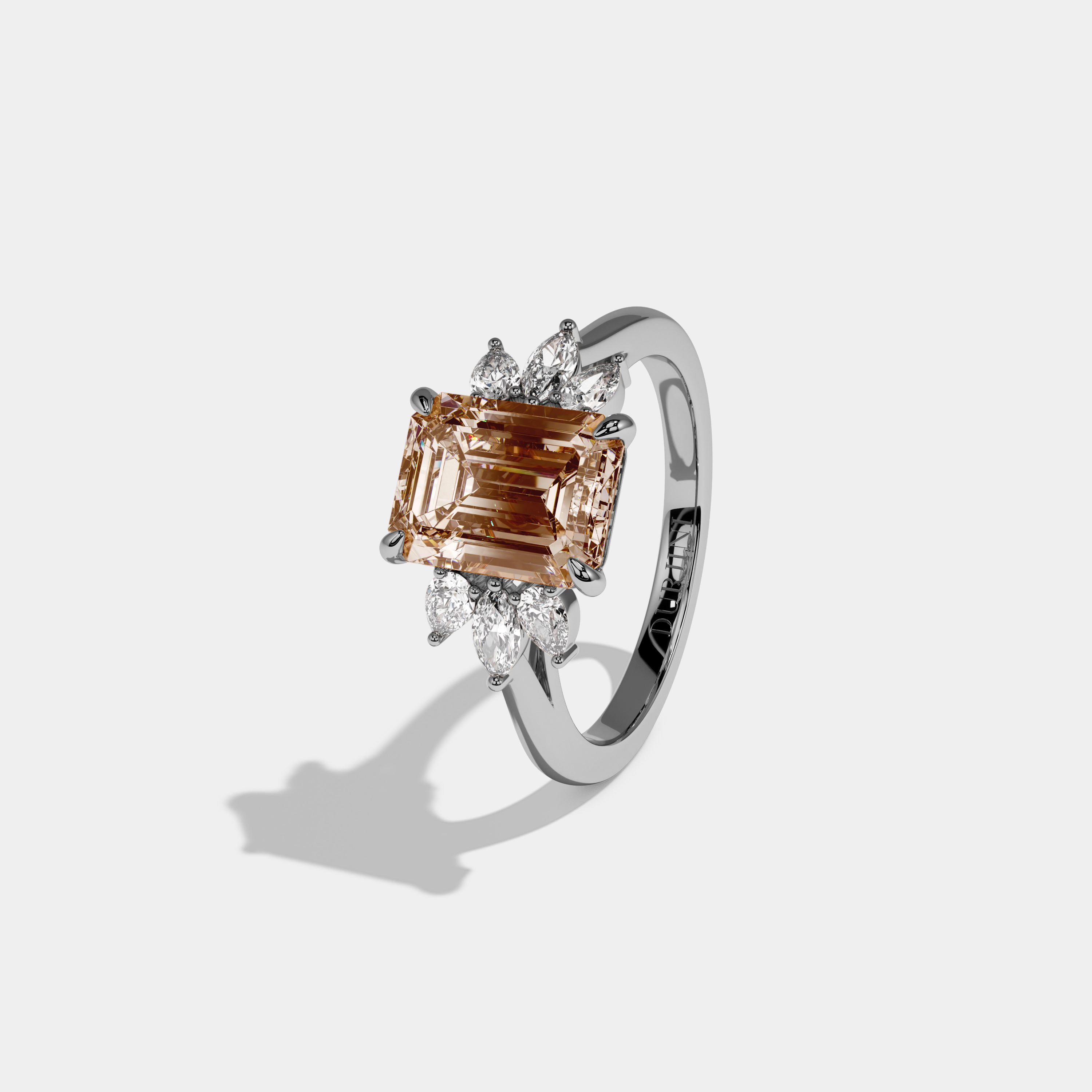 Augusta Fancy Champagne Brown Emerald Cut Diamond Plain Band With Marquise Cut Sides Engagement Ring 6ct 18K White Gold