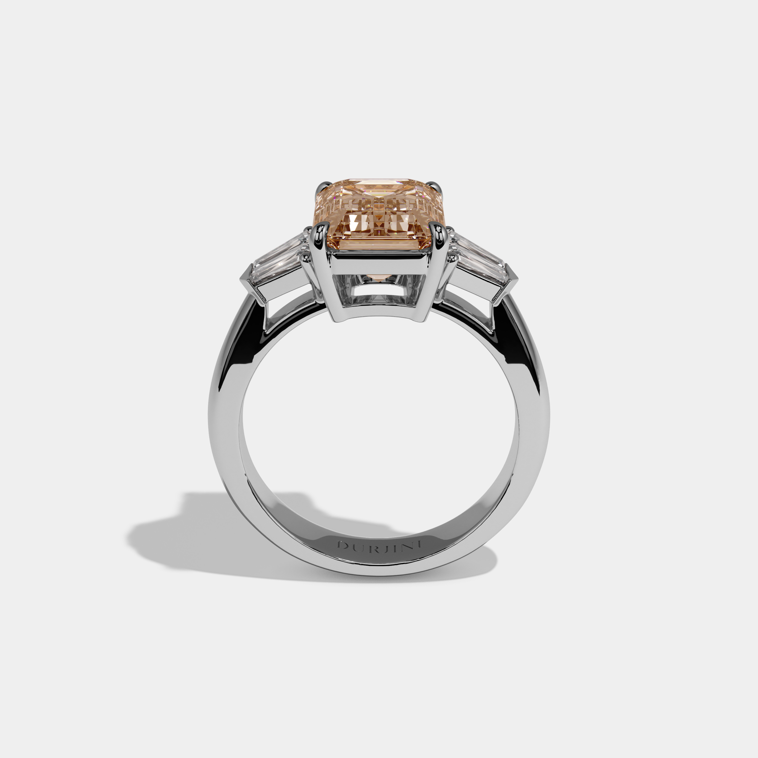 Louisa Fancy Champagne Brown Emerald Cut Diamond Plain Band With Baguette Sides Engagement Ring 6ct 18K White Gold